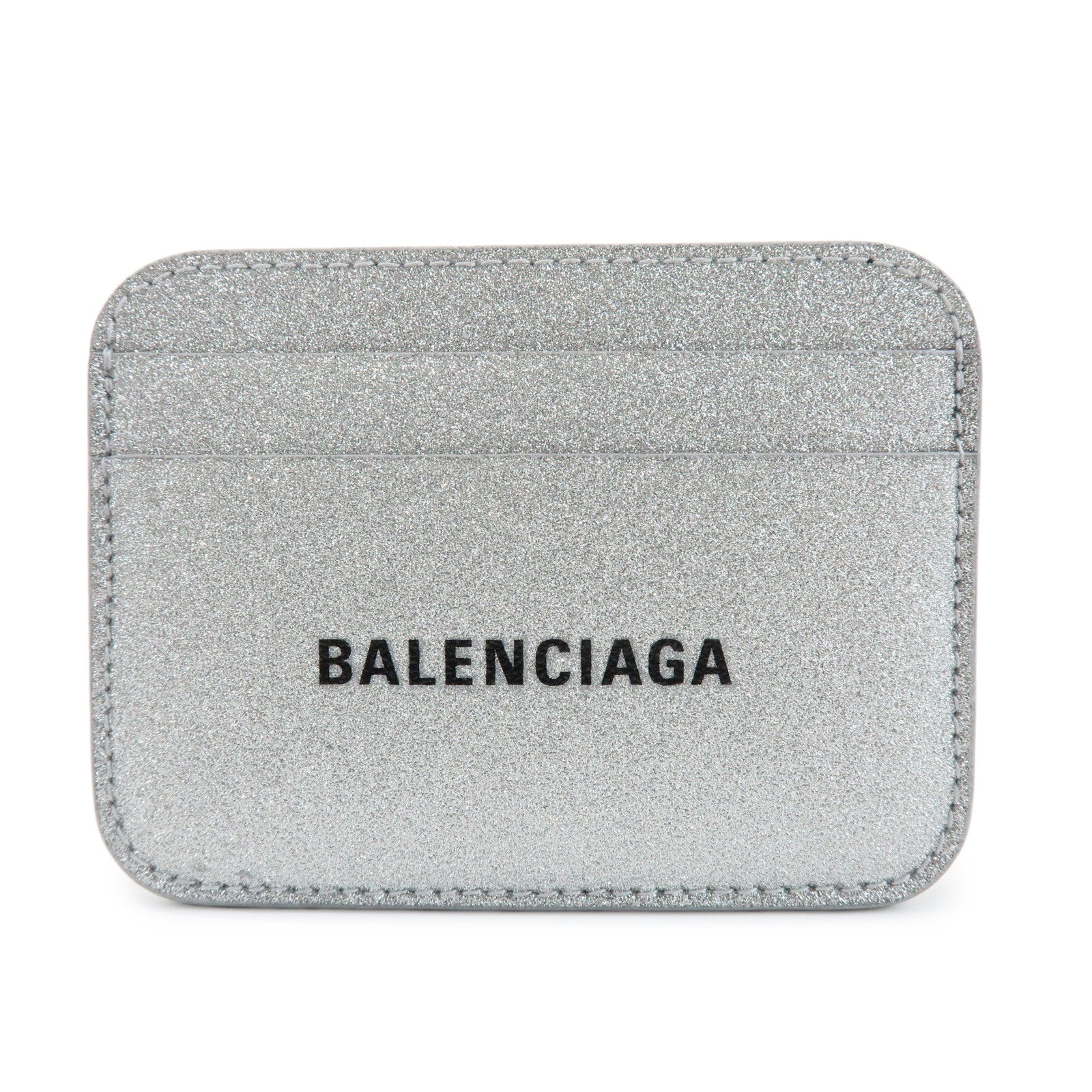 BALENCIAGA Logo Leather Card Case Card Holder Silver