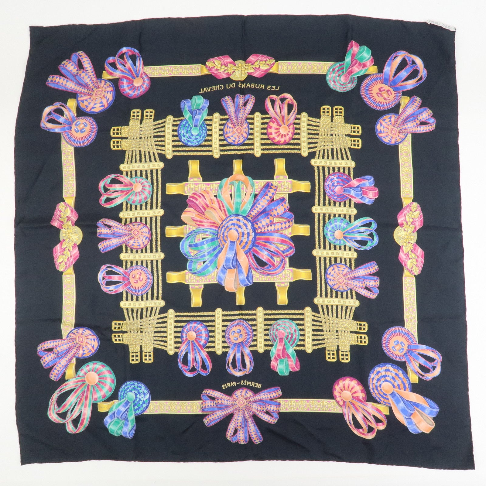 Hermes Carre 90 Silk 100% Scarf LES RUBANS DU CHEVAL Black