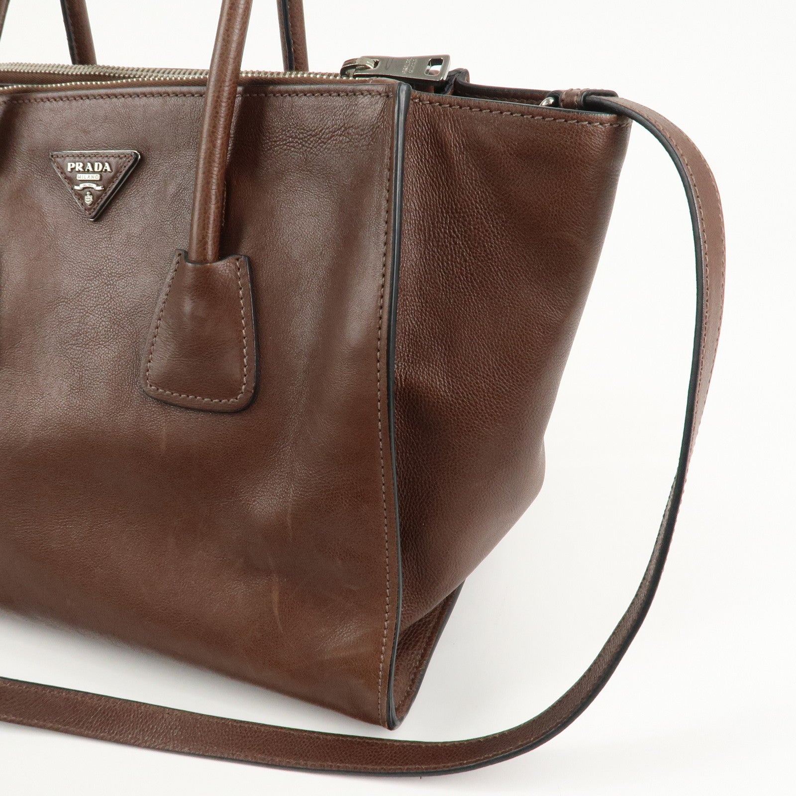 PRADA Triangle Logo Leather 2way Hand Bag Shoulder Bag Brown BN2619 Used