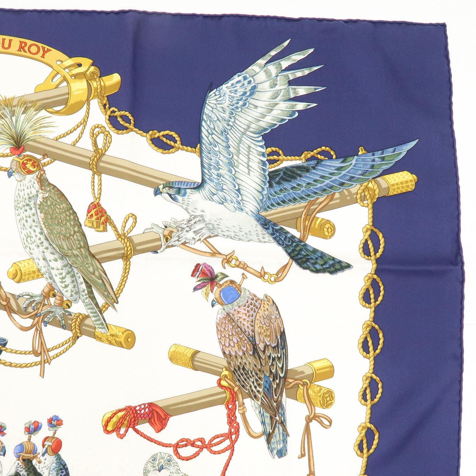 HERMES Carre 90 Silk 100% Scarf LES OISEAUX DU ROY Bird Print Navy