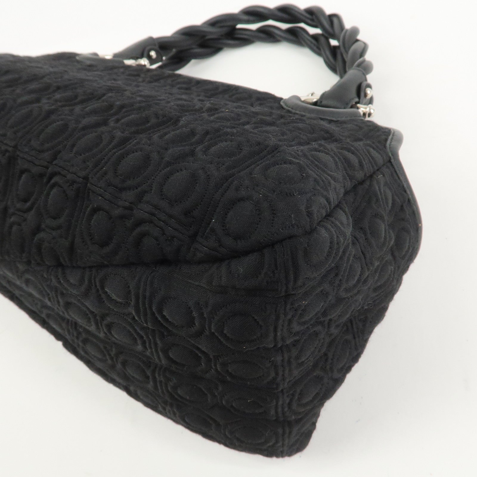 Ferragamo Gancini Canvas Leather Hand Bag Black Silver