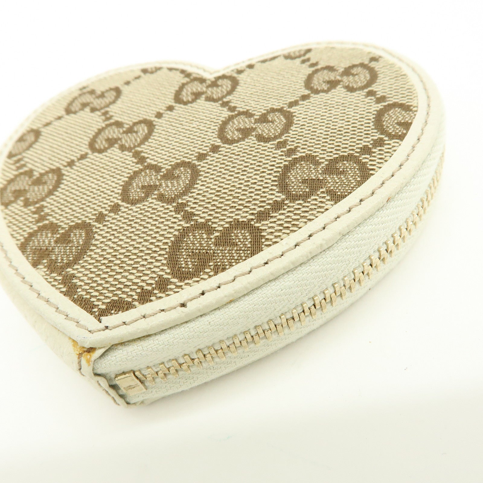 GUCCI Lovely Heart GG Canvas Leather Coin Case Brown Ivory 152615