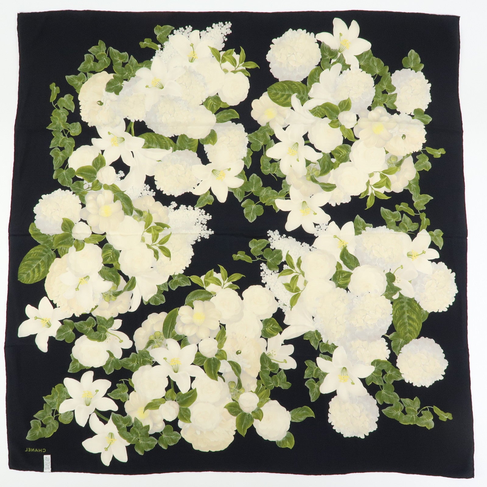 CHANEL Silk 100% Vintage Scarf Flower Print Black White