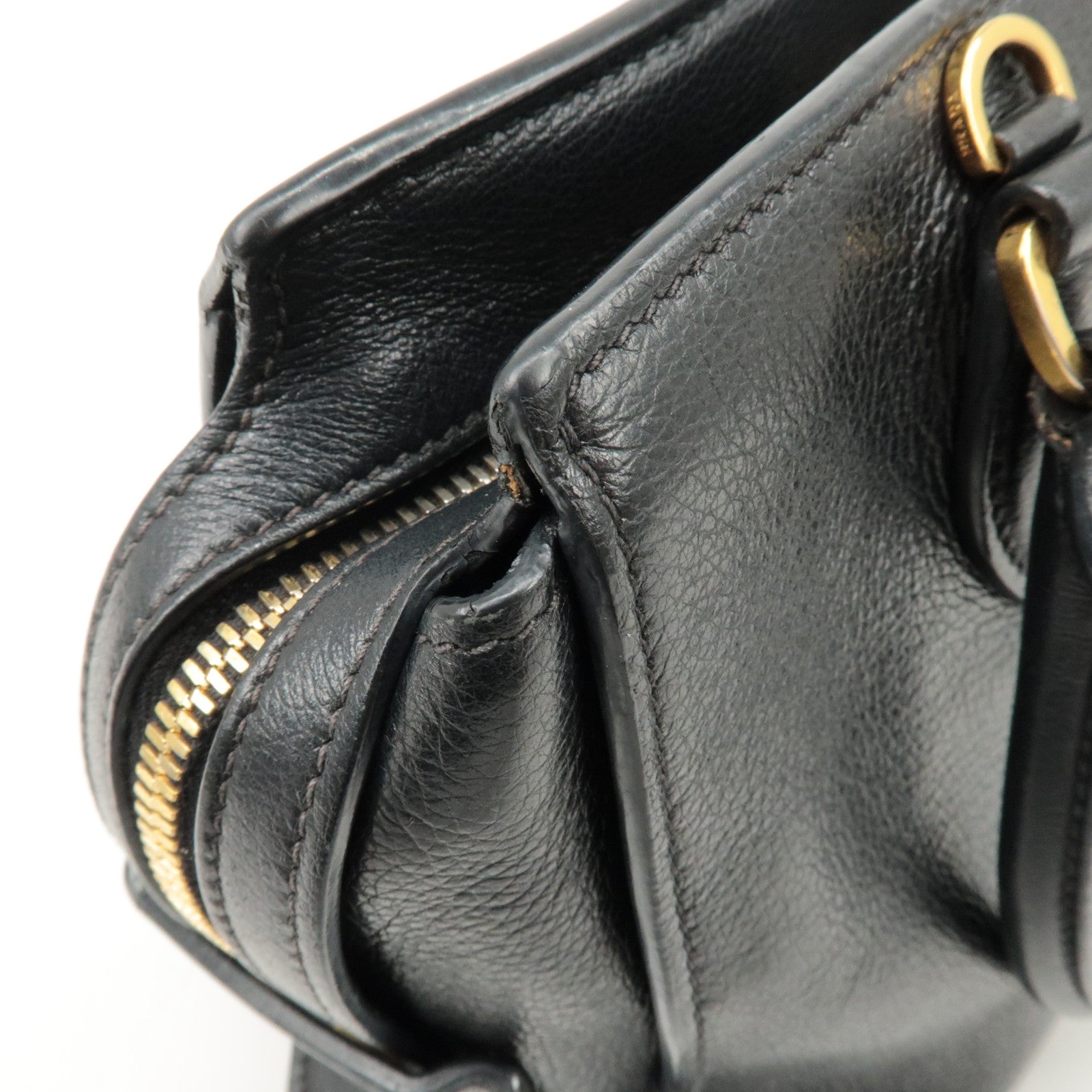 PRADA Leather 2Way Bag Shoulder Hand Bag Black Gold Used