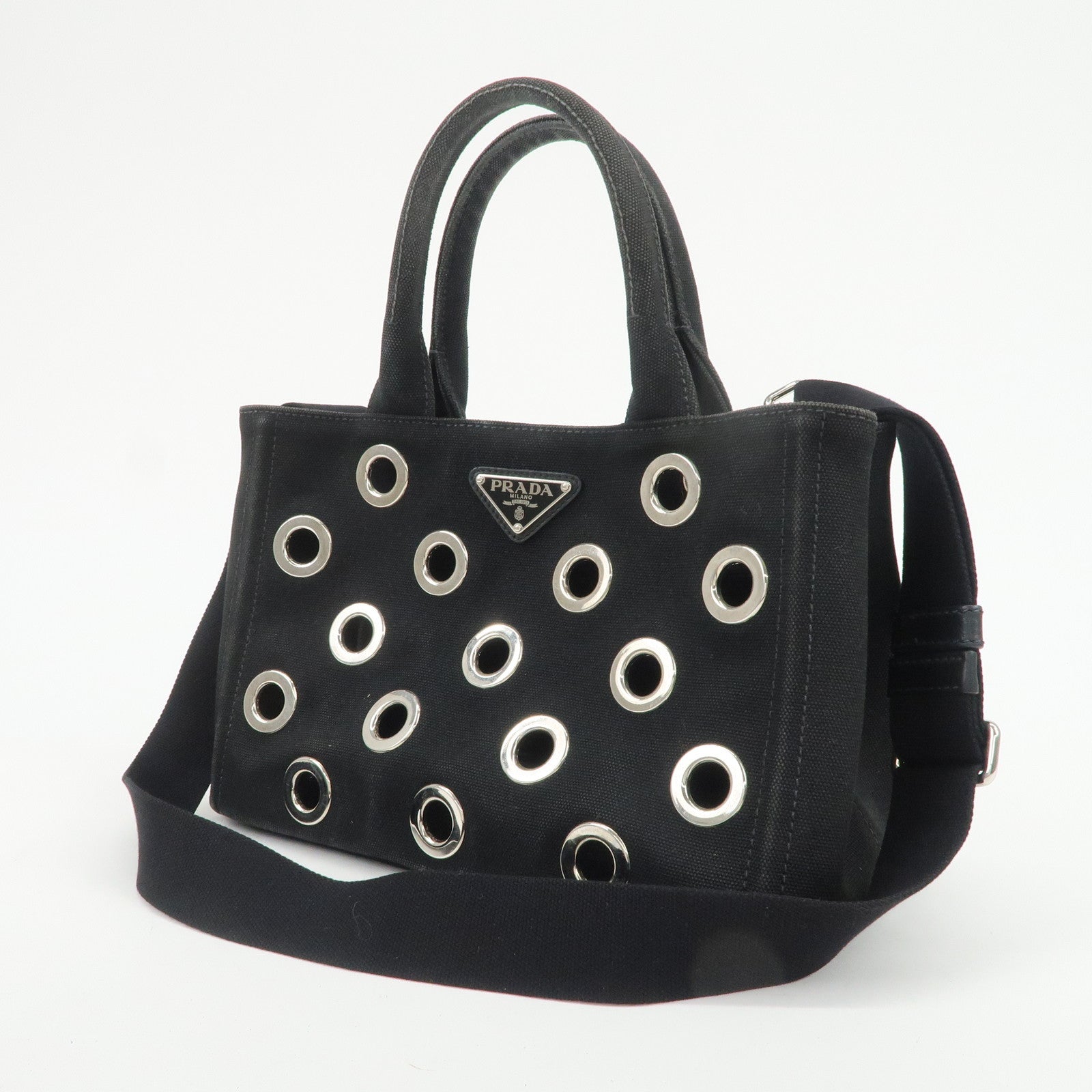 PRADA Canapa Mini Canvas Grommet 2Way Bag Hand Shoulder Bag Black
