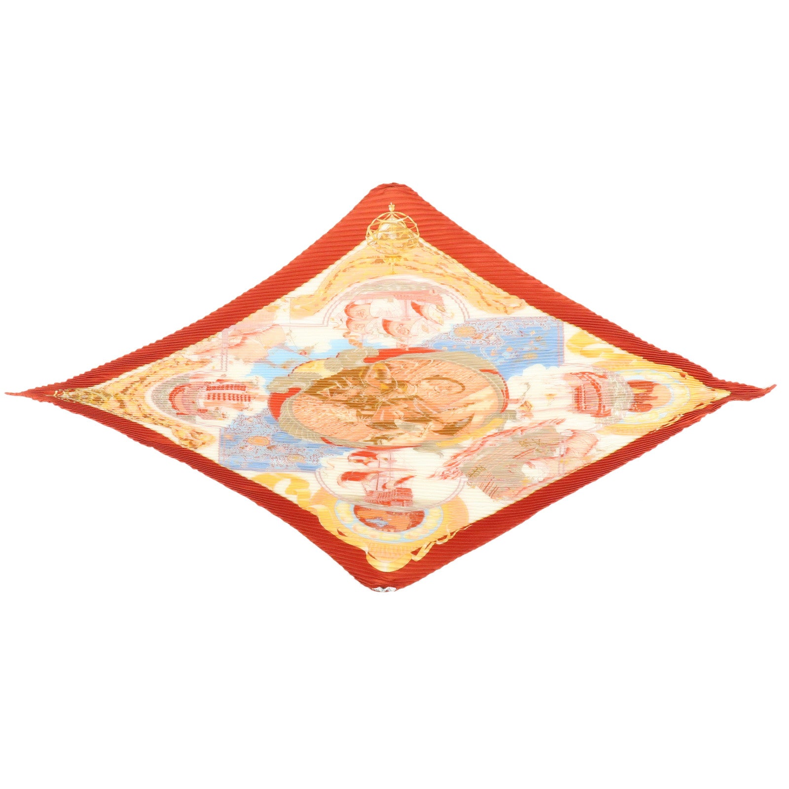 HERMES Pleated Carre Silk 100% Scarf Au-dela Des Cinq Mers Orange