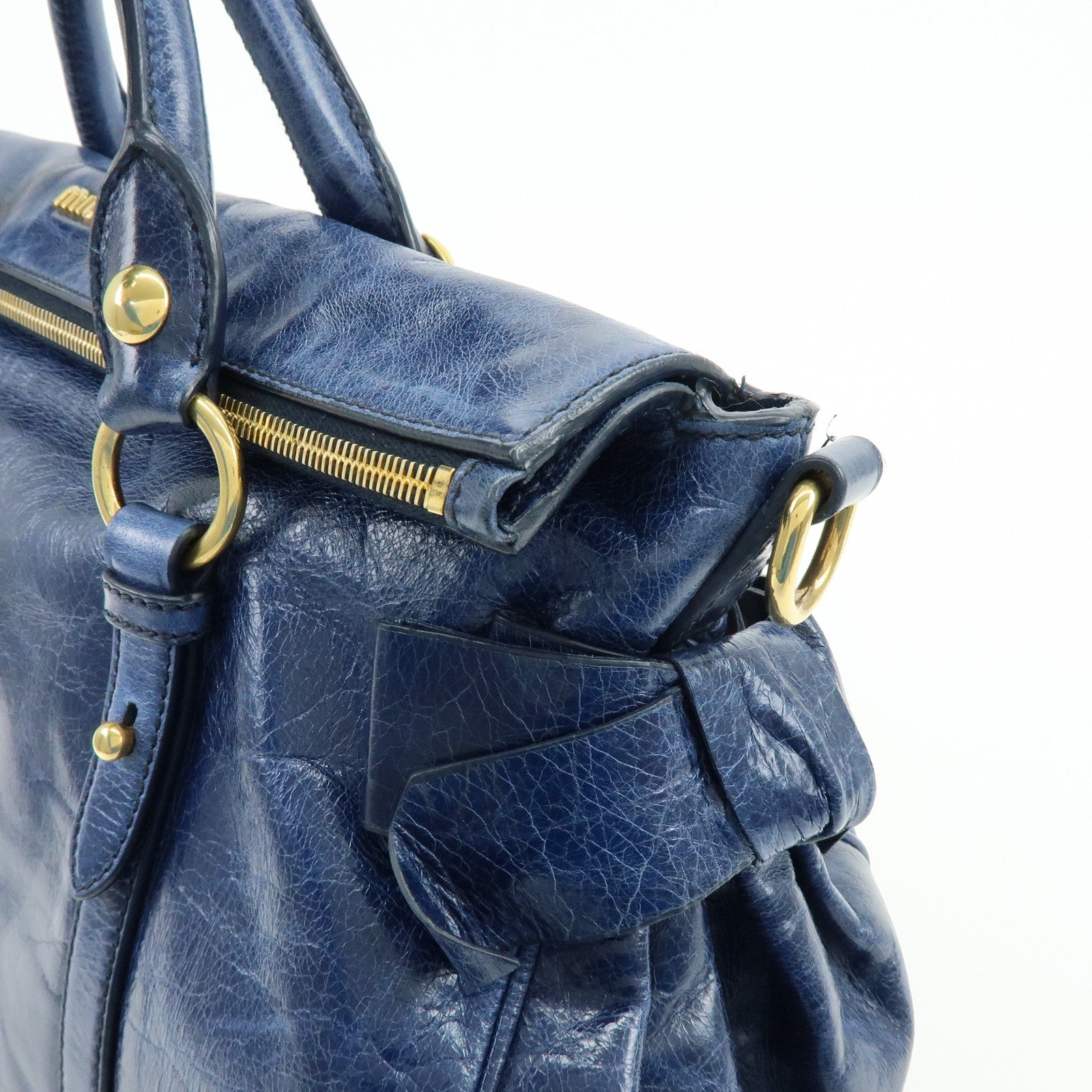 MIU MIU Side Ribbon Large Leather 2Way Bag Shoulder Bag Navy RT0365