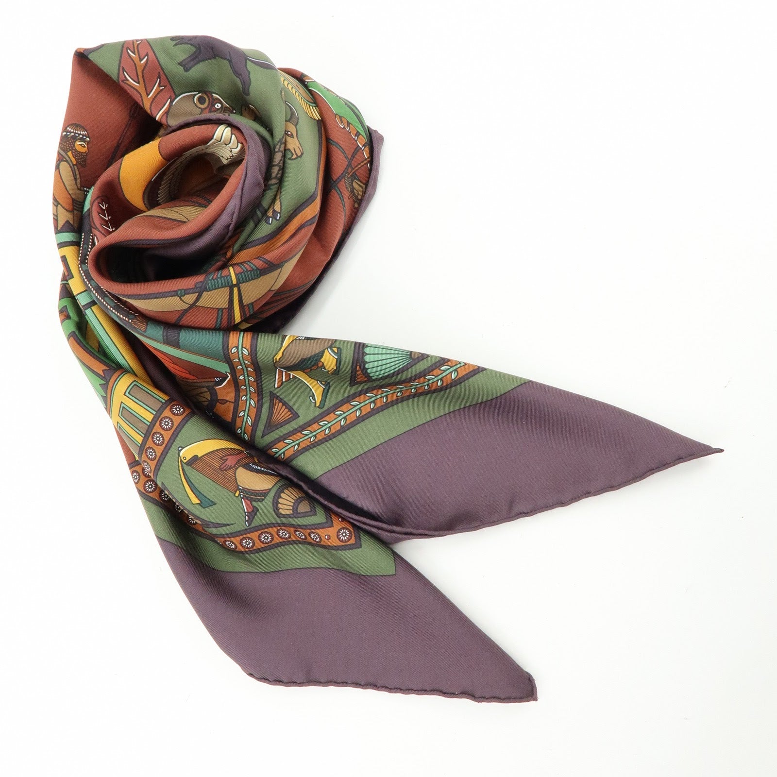 HERMES Carre 90 Silk 100% Scarf PERSEPOLIS Persian Print Brown