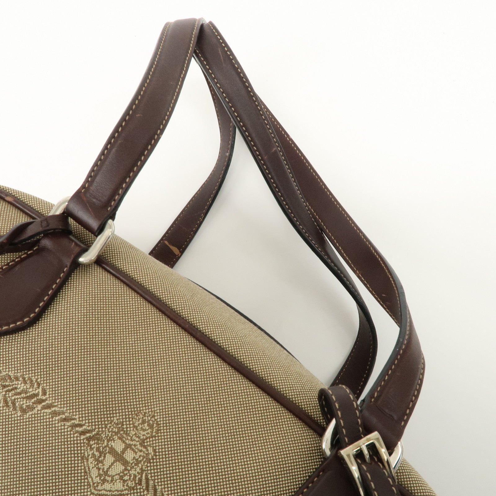 PRADA Logo Jacquard Leather Boston Bag Shoulder Bag Beige BL0260 Used