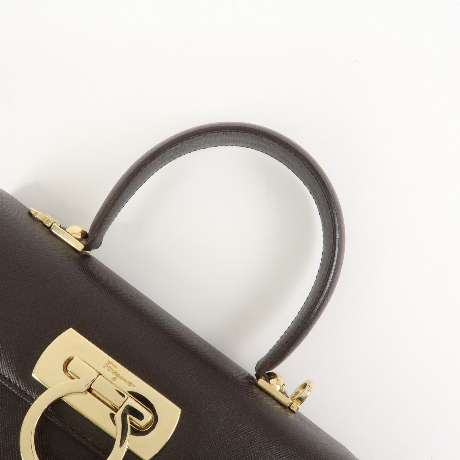 Ferragamo Gancini Leather 2Way Bag Hand Bag Shoulder Bag Dark Brown