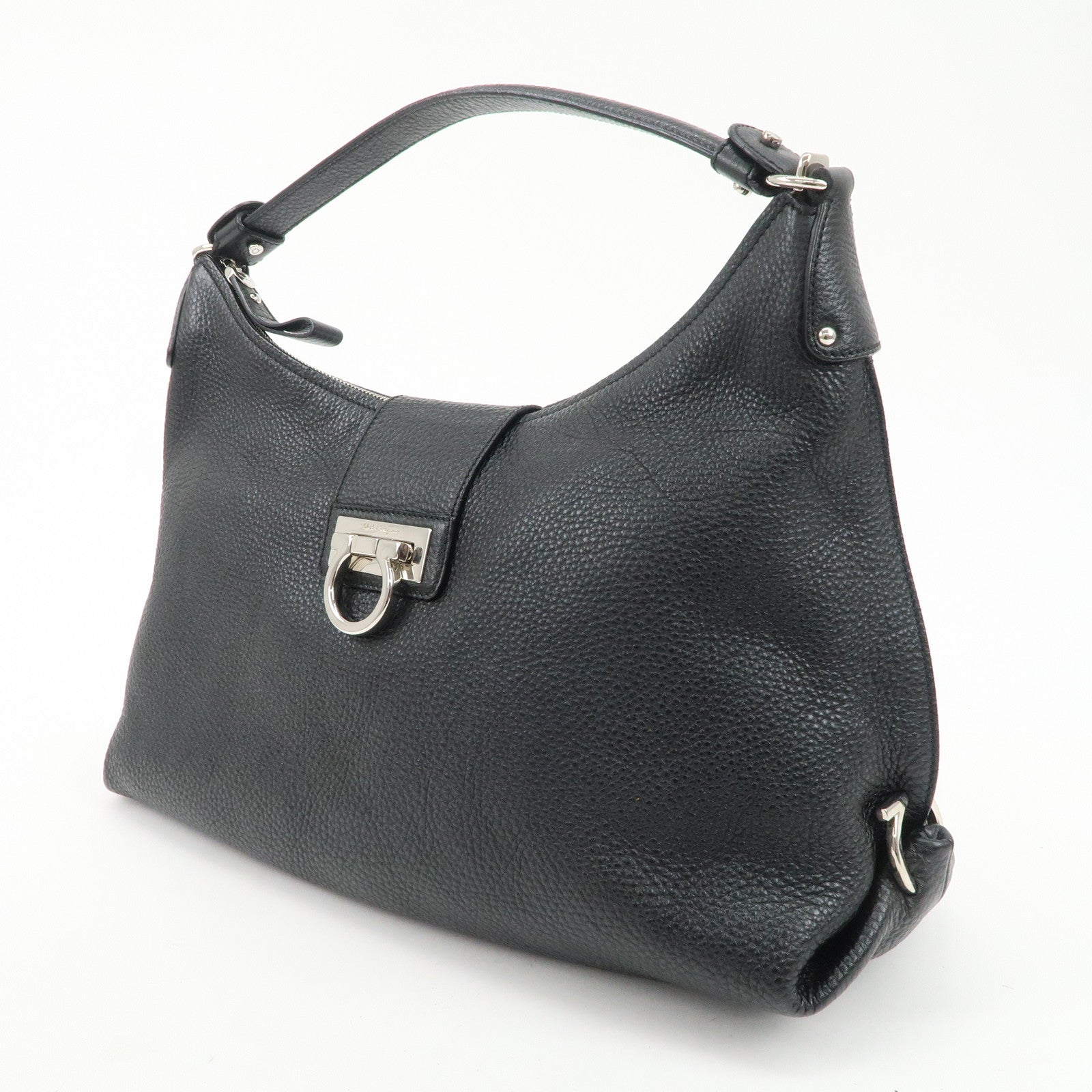 Ferragamo Gancini Leather Shoulder Bag Hand Bag Black Silver HDW