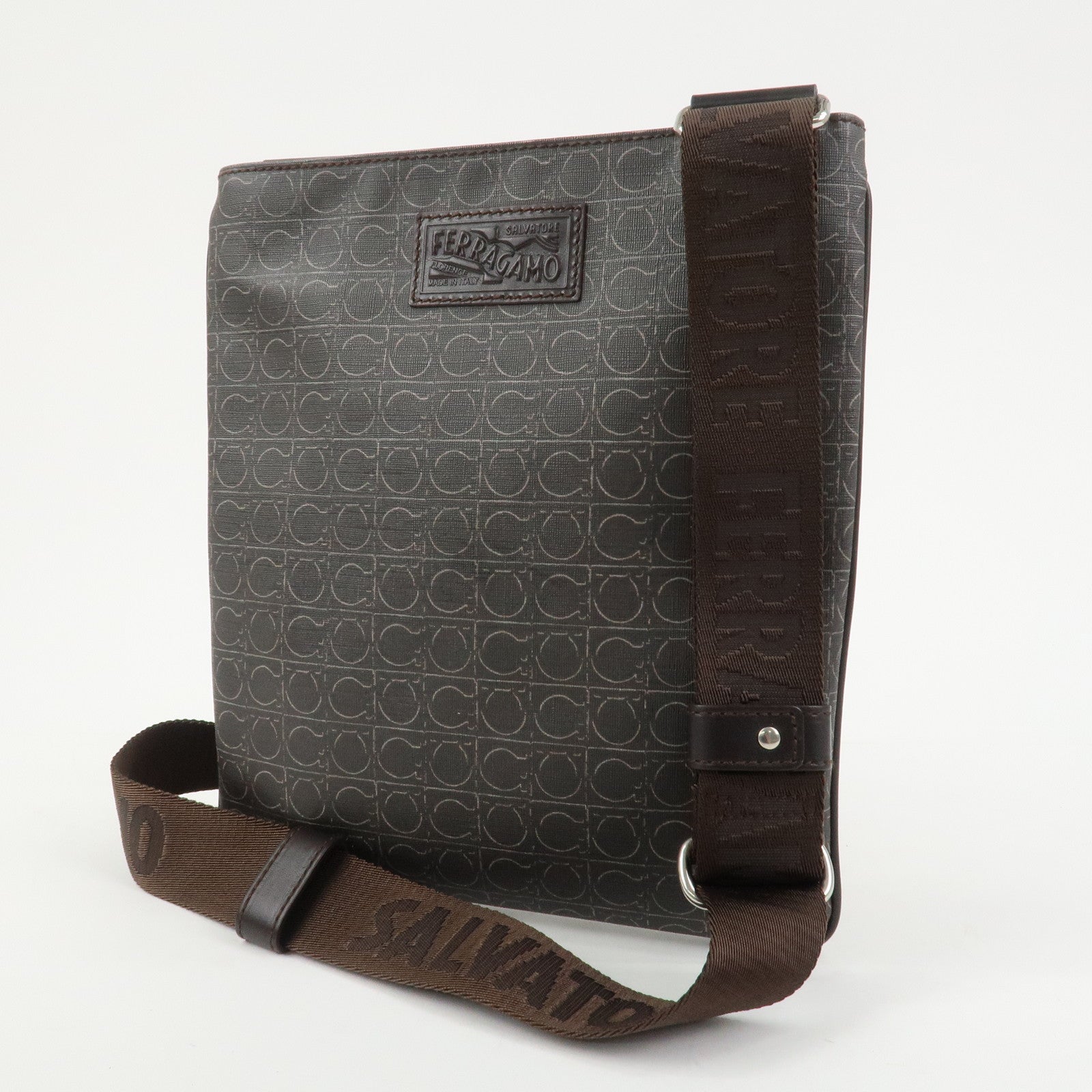 Ferragamo Gancini PVC Leather Shoulder Bag Crossbody Bag Brown