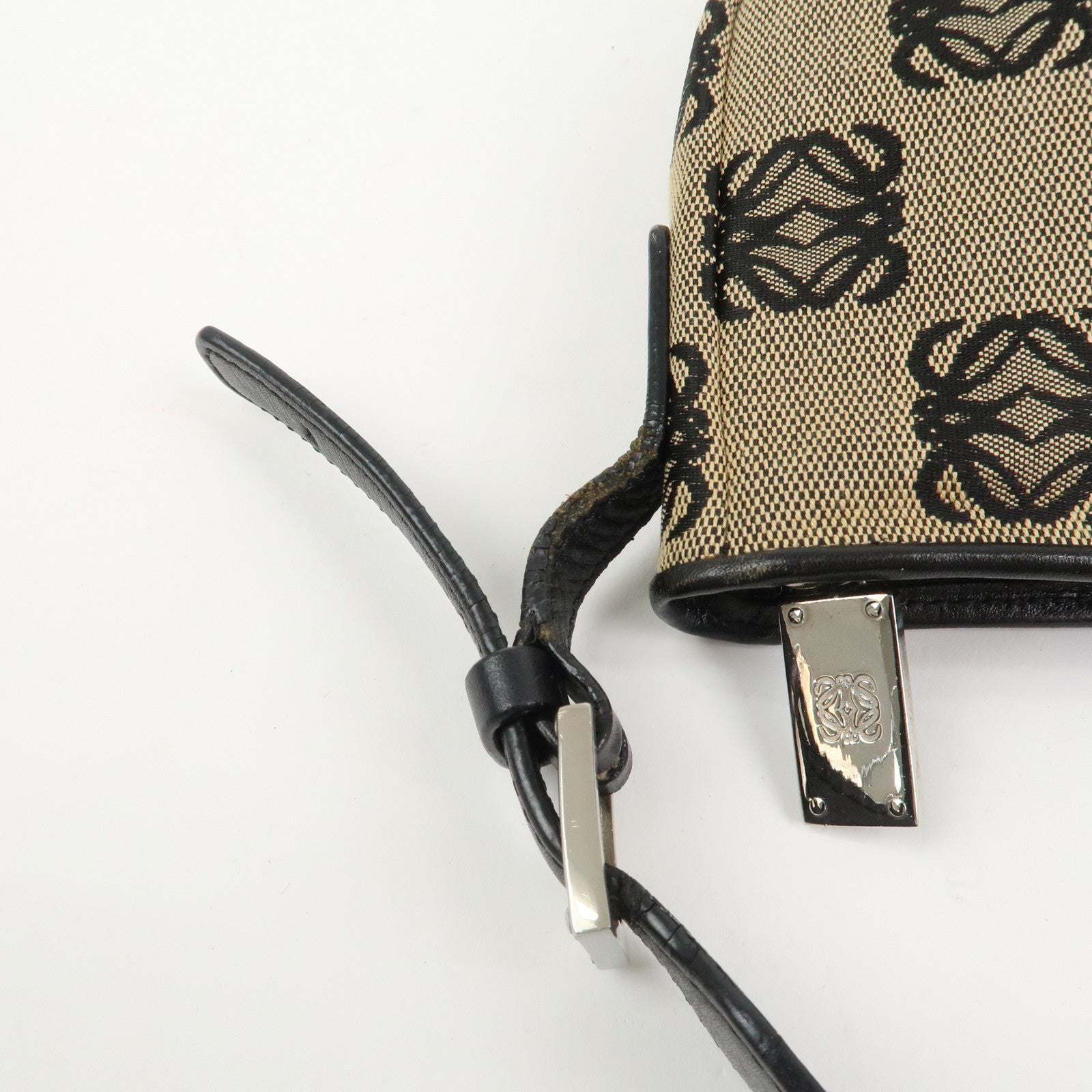 LOEWE Anagram Logo Canvas Leather Shoulder Bag Hand Bag Beige Black