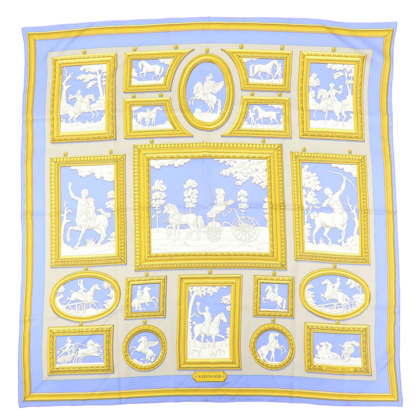 HERMES Carre 90 Silk 100% Scarf WEDG WOOD Blue Gray Yellow
