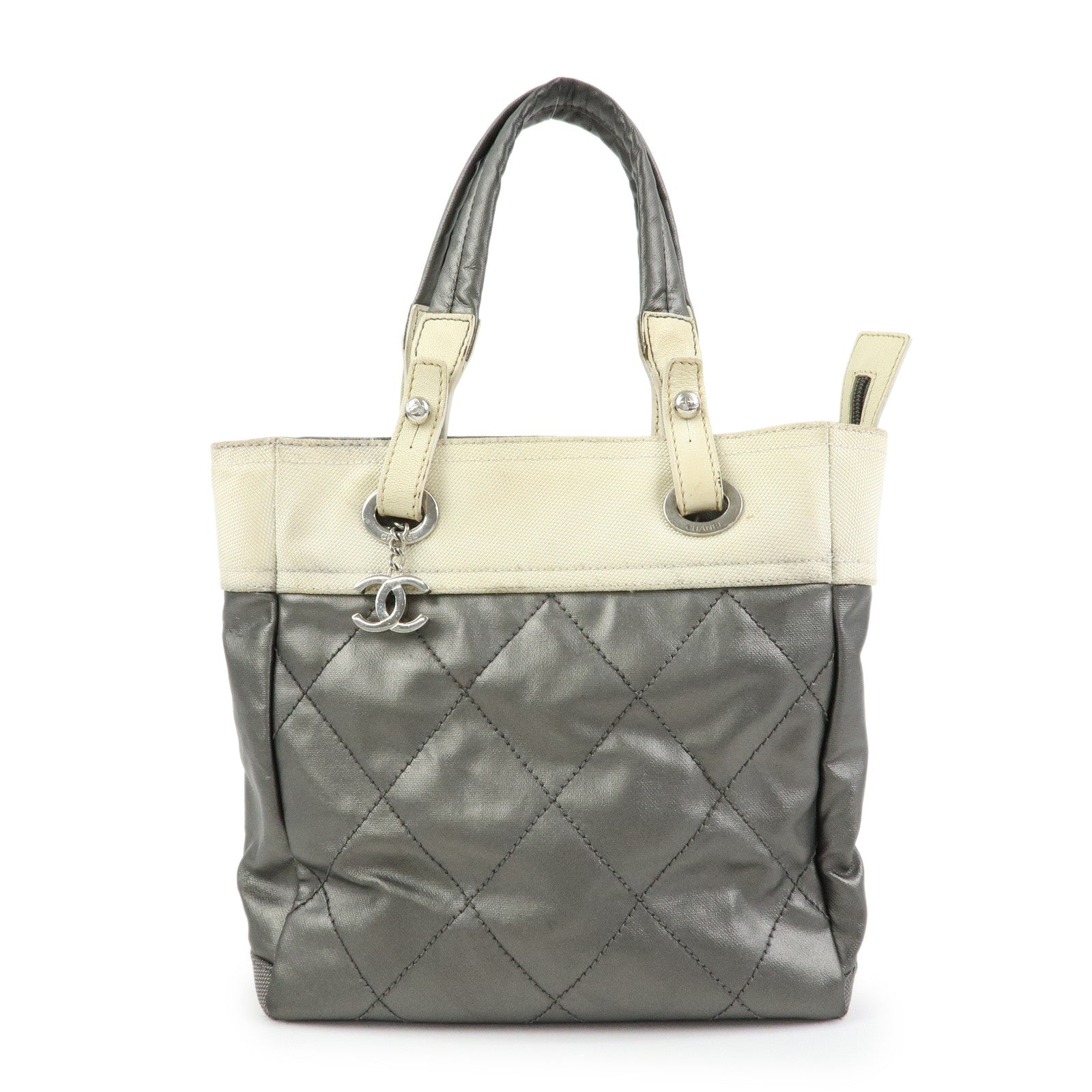 CHANEL Paris Biarritz PM Coated Canvas Leather Tote Bag Gray A34208