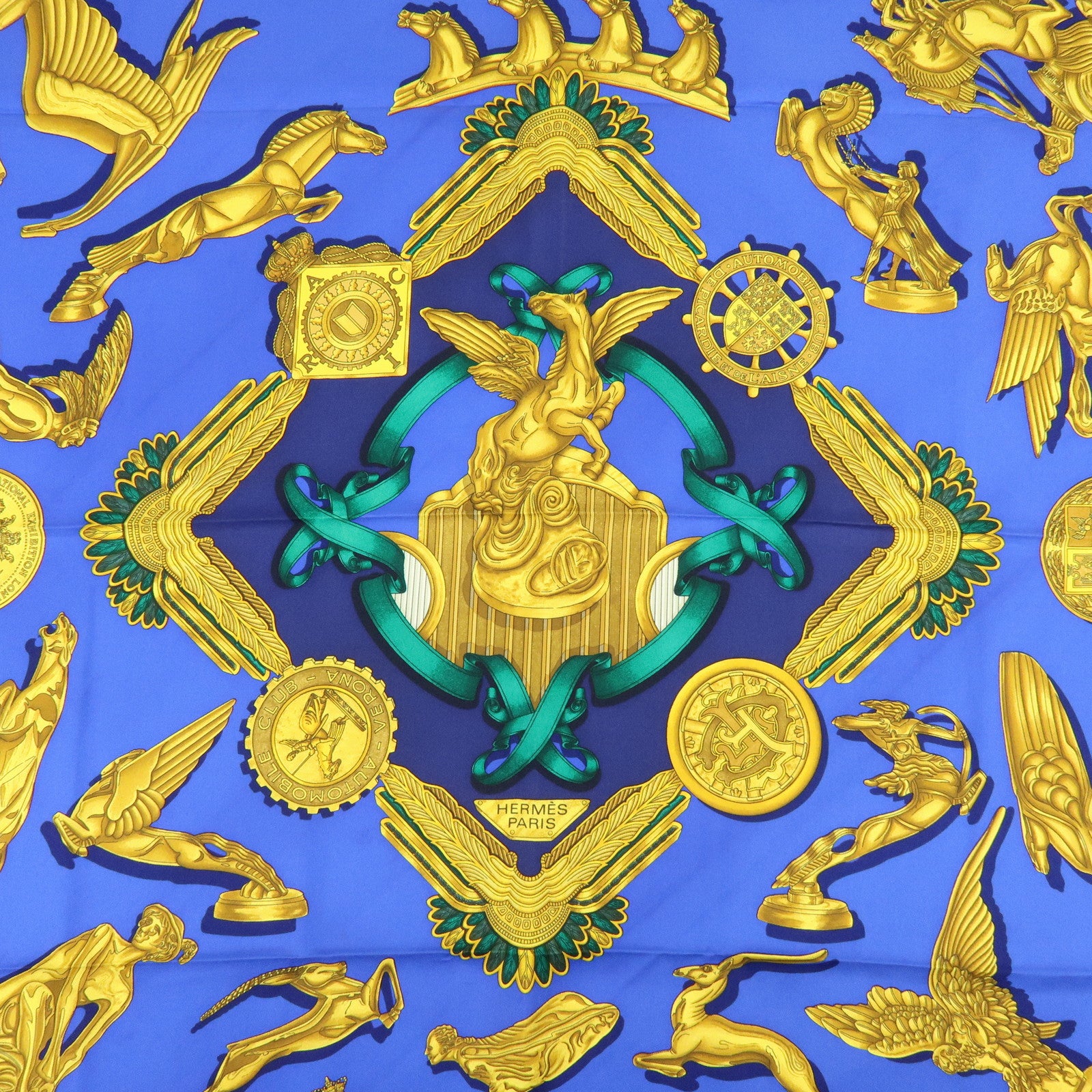 HERMES Carre 90 Silk 100% Scarf LES PARURES DU VENT Navy Gold