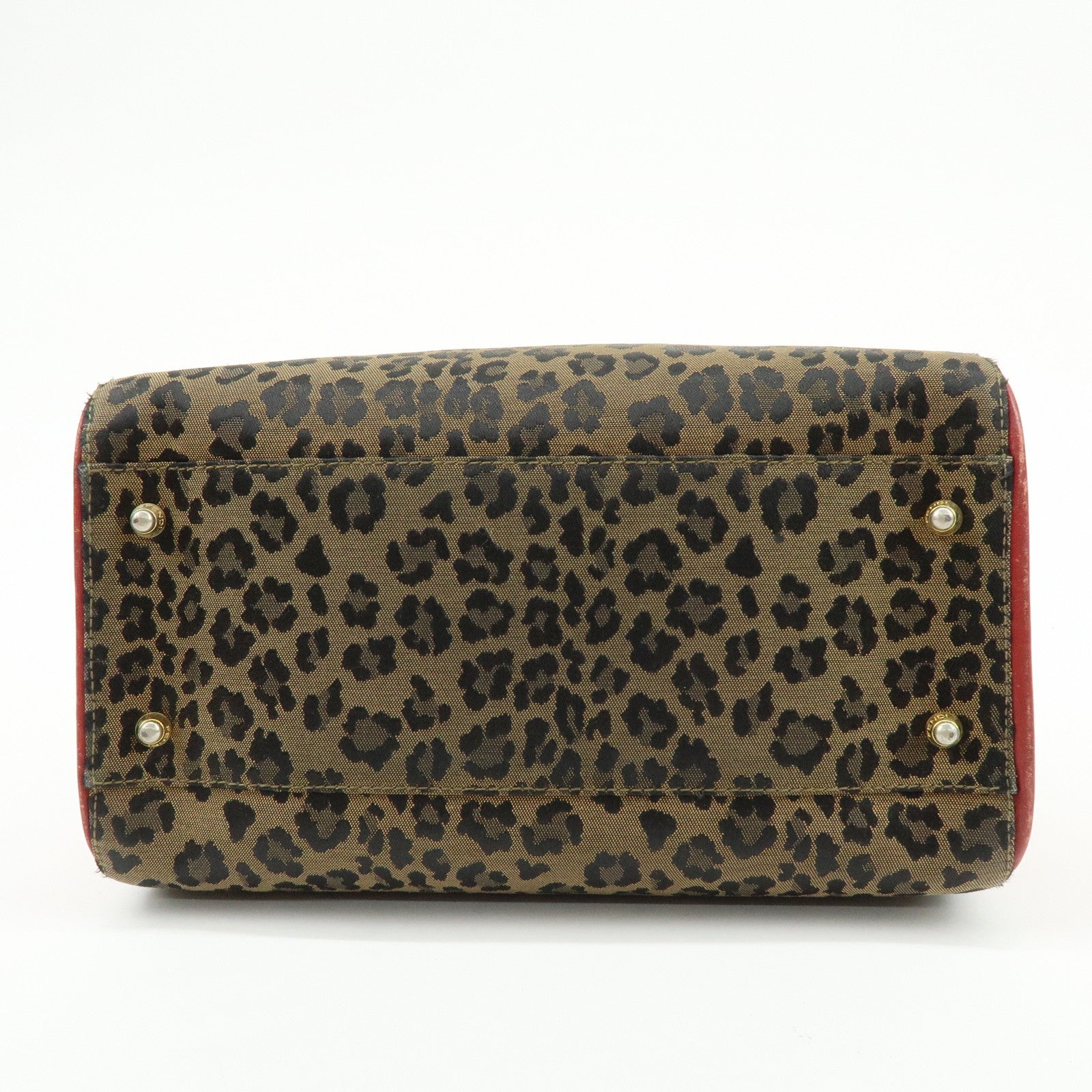 FENDI Canvas Leather Hand Bag Boston Bag Leopard Brown Red