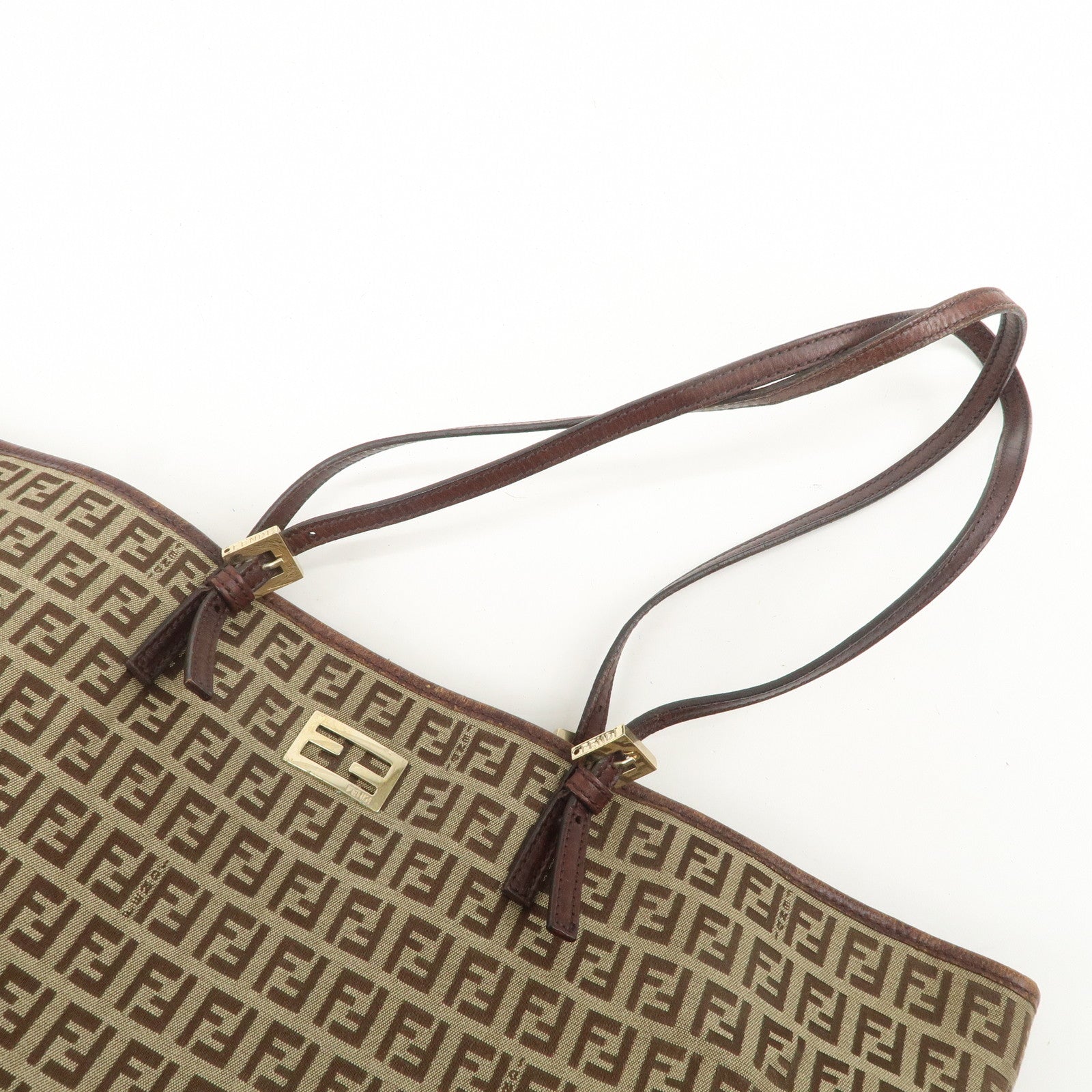 FENDI Zucchino Canvas Leather Tote Shoulder Bag Beige Brown 8BH127