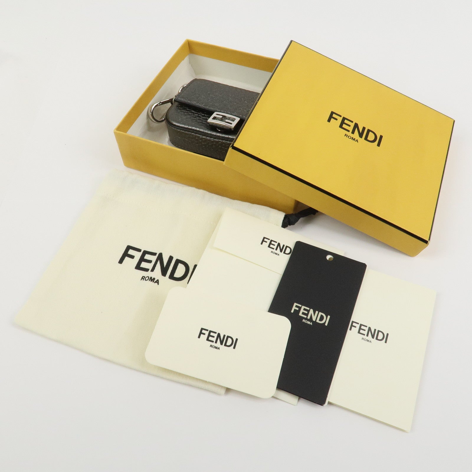 FENDI Nano Baguette Calf Leather Bag Charm Key Chain Silver 7AR809