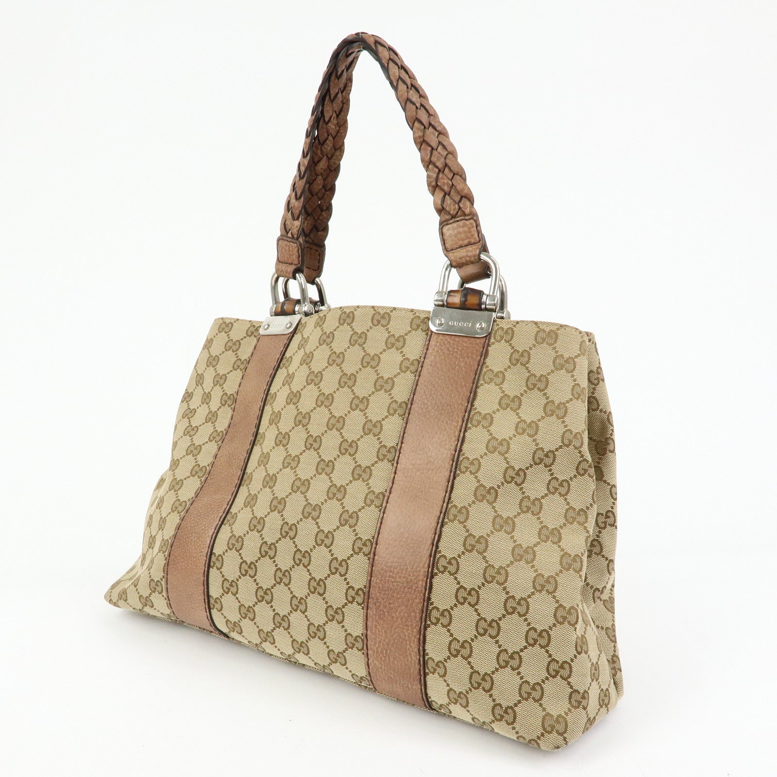 GUCCI Bamboo GG Canvas Leather Tote Bag Hand Bag Beige Brown 232947