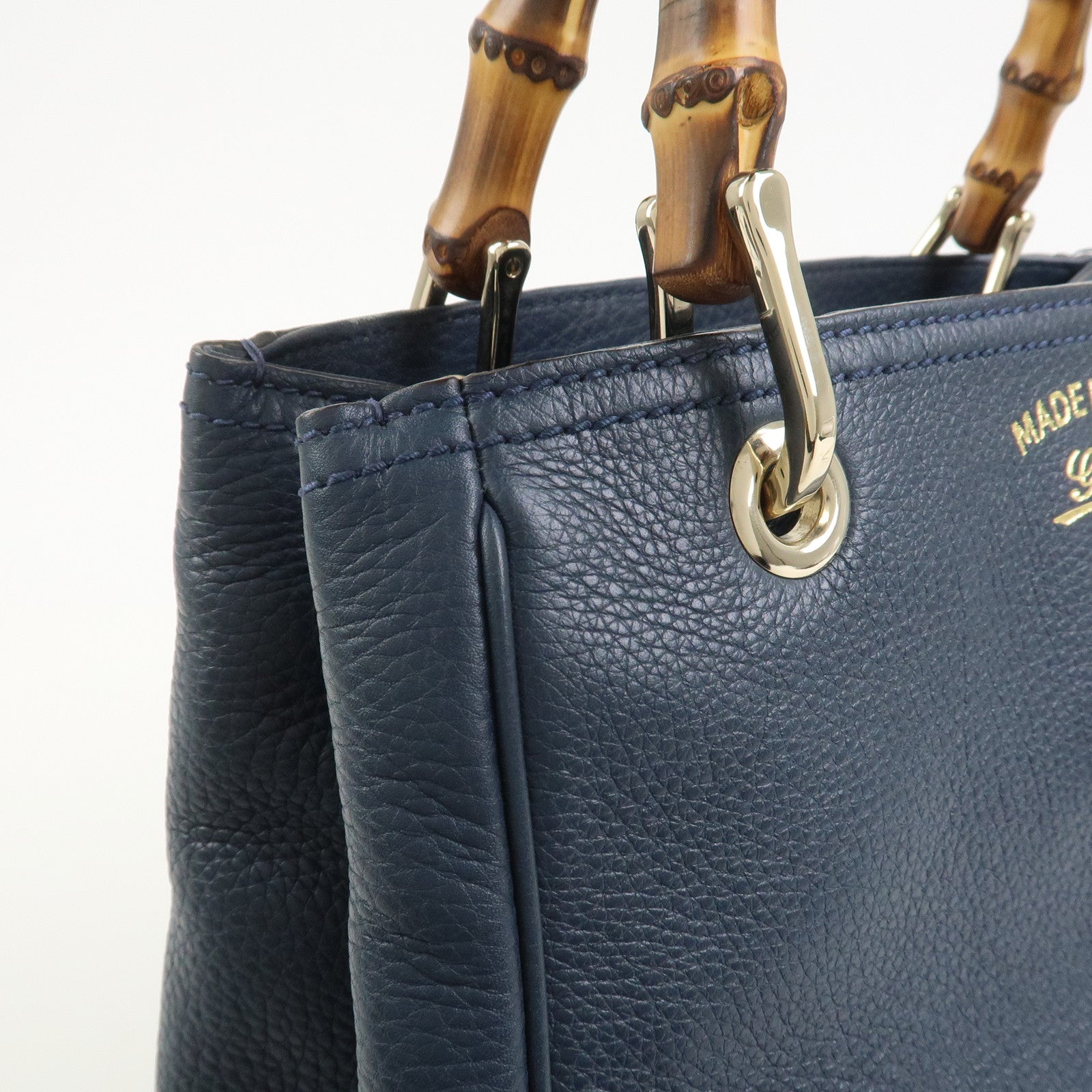 GUCCI Bamboo Shopper Small Leather 2Way Hand Bag Navy 336032