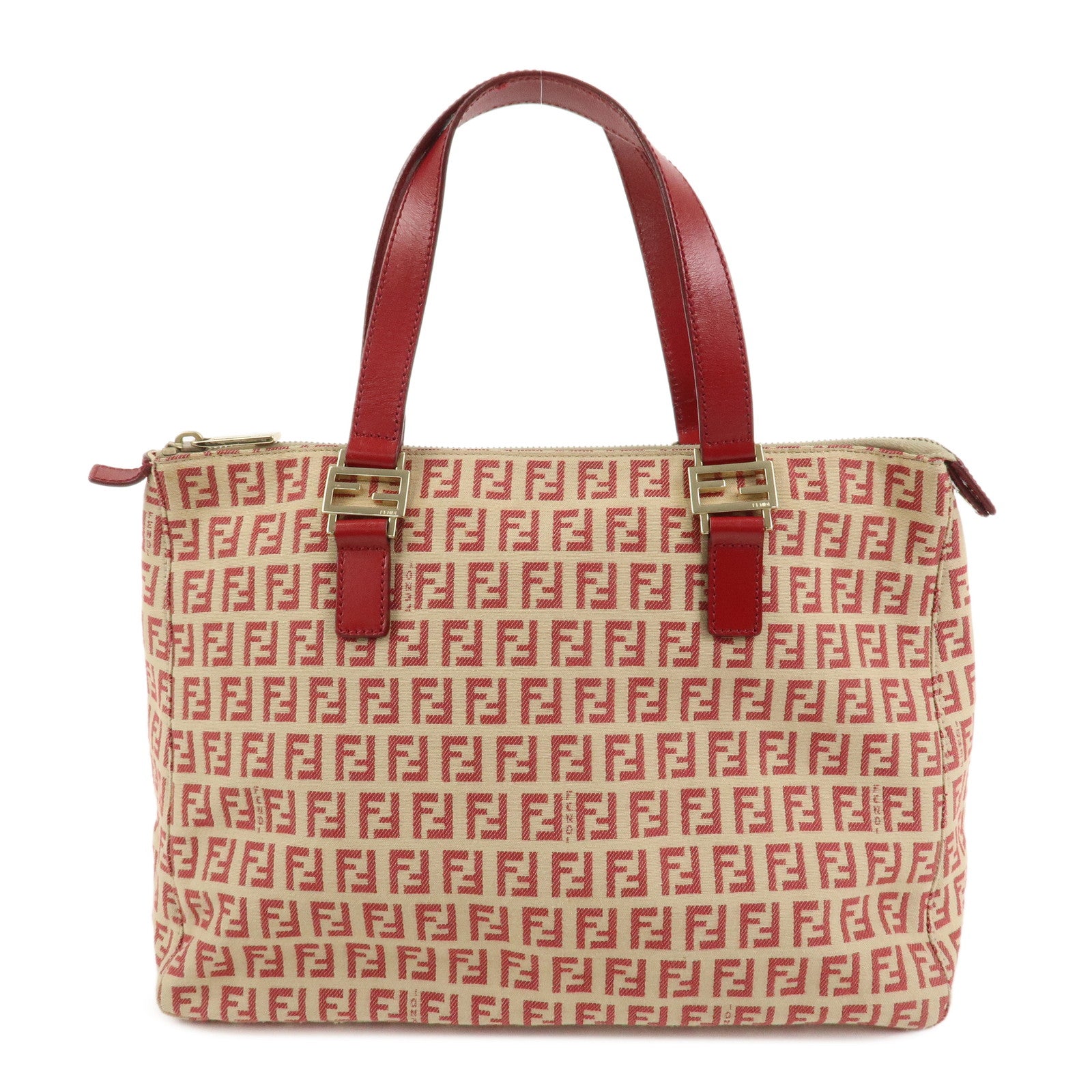 FENDI Zucchino Canvas Leather Tote Bag Hand Bag Beige Red 8BH134