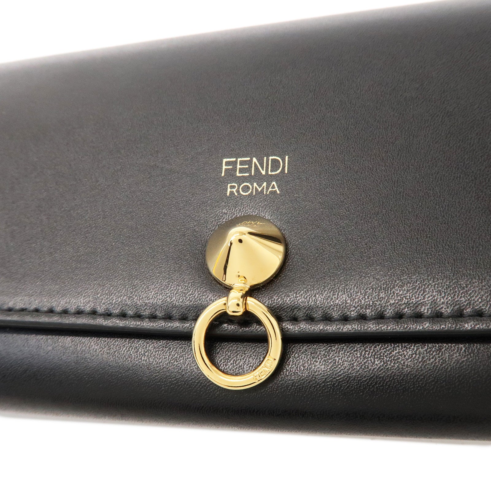 FENDI Leather Chain Wallet WOC Flap Wallet Black 8M0365