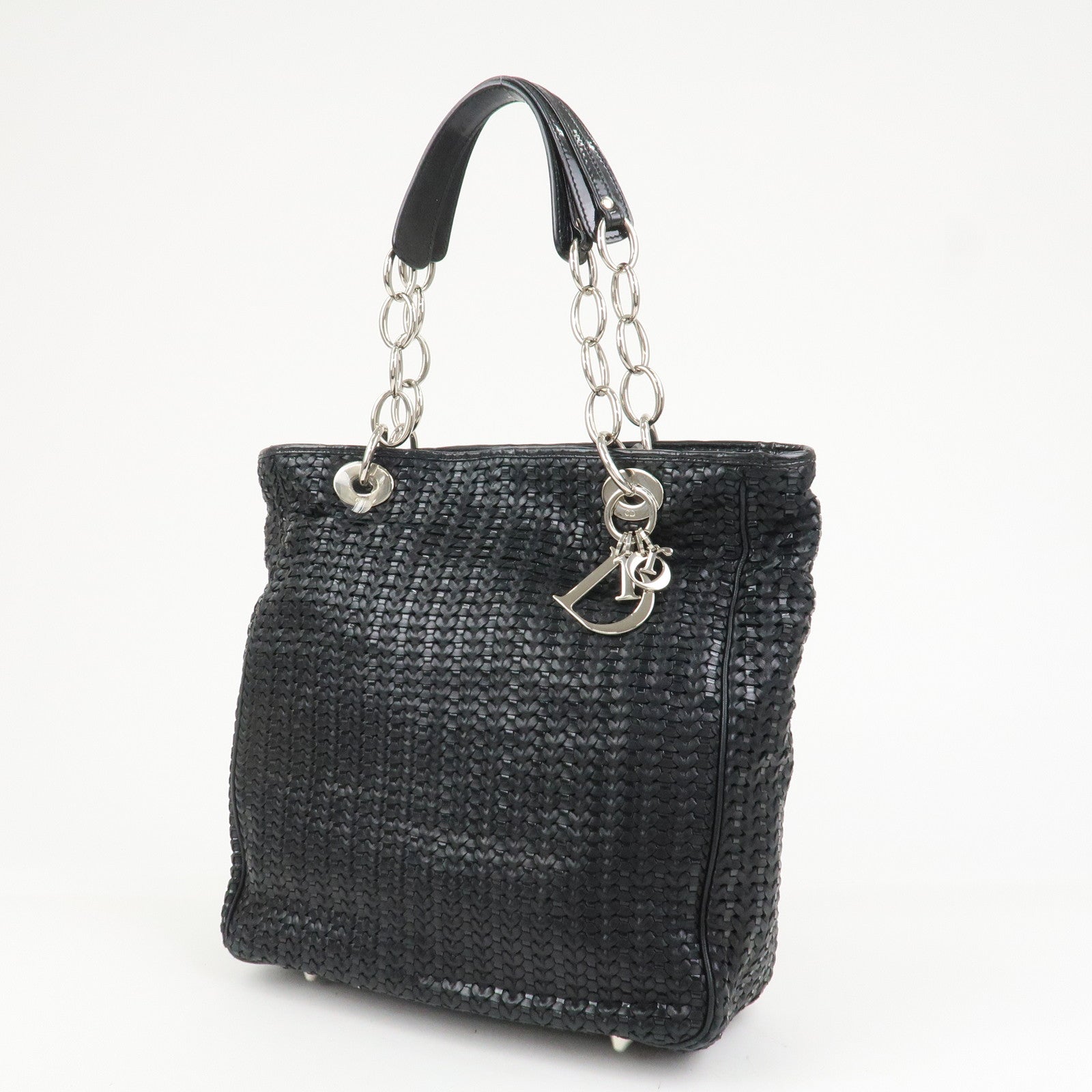 Christian Dior Woven Leather Logo Charm Chain Tote Bag Black
