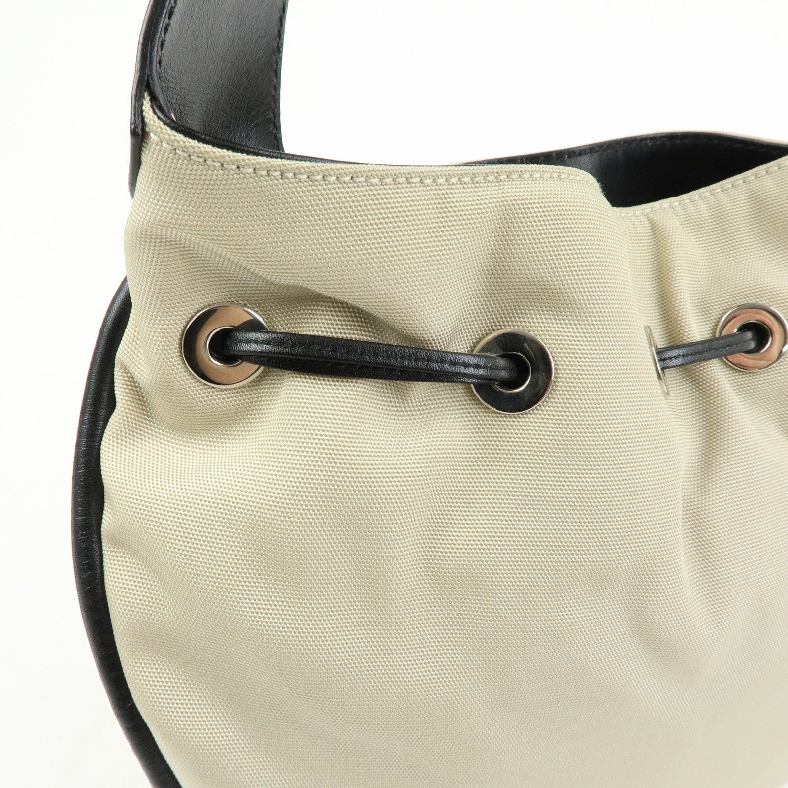 GUCCI Nylon Leather Drawstring Shoulder Bag Beige Black 001.4034