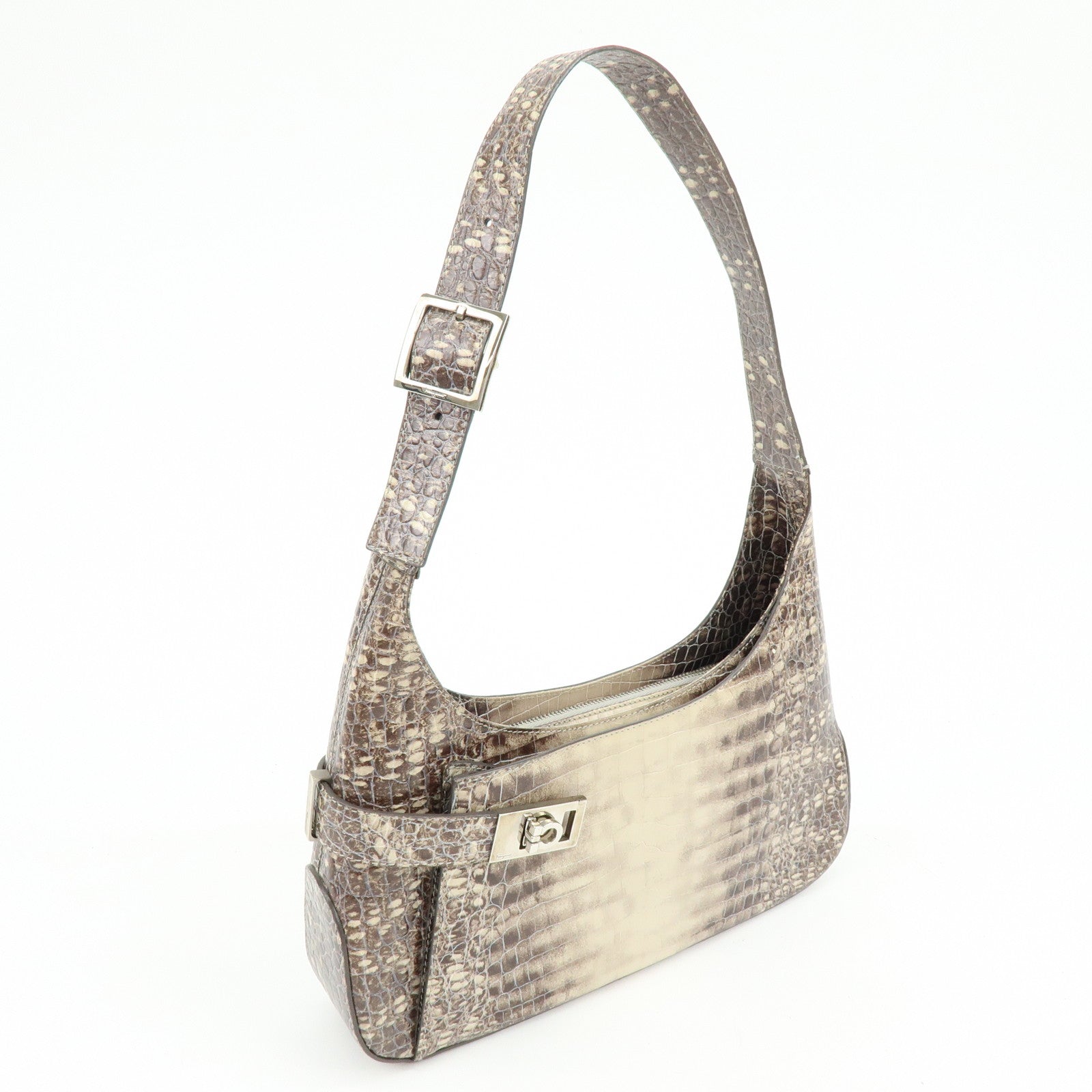 Ferragamo Gancini Embossed Leather Shoulder Bag Brown Beige