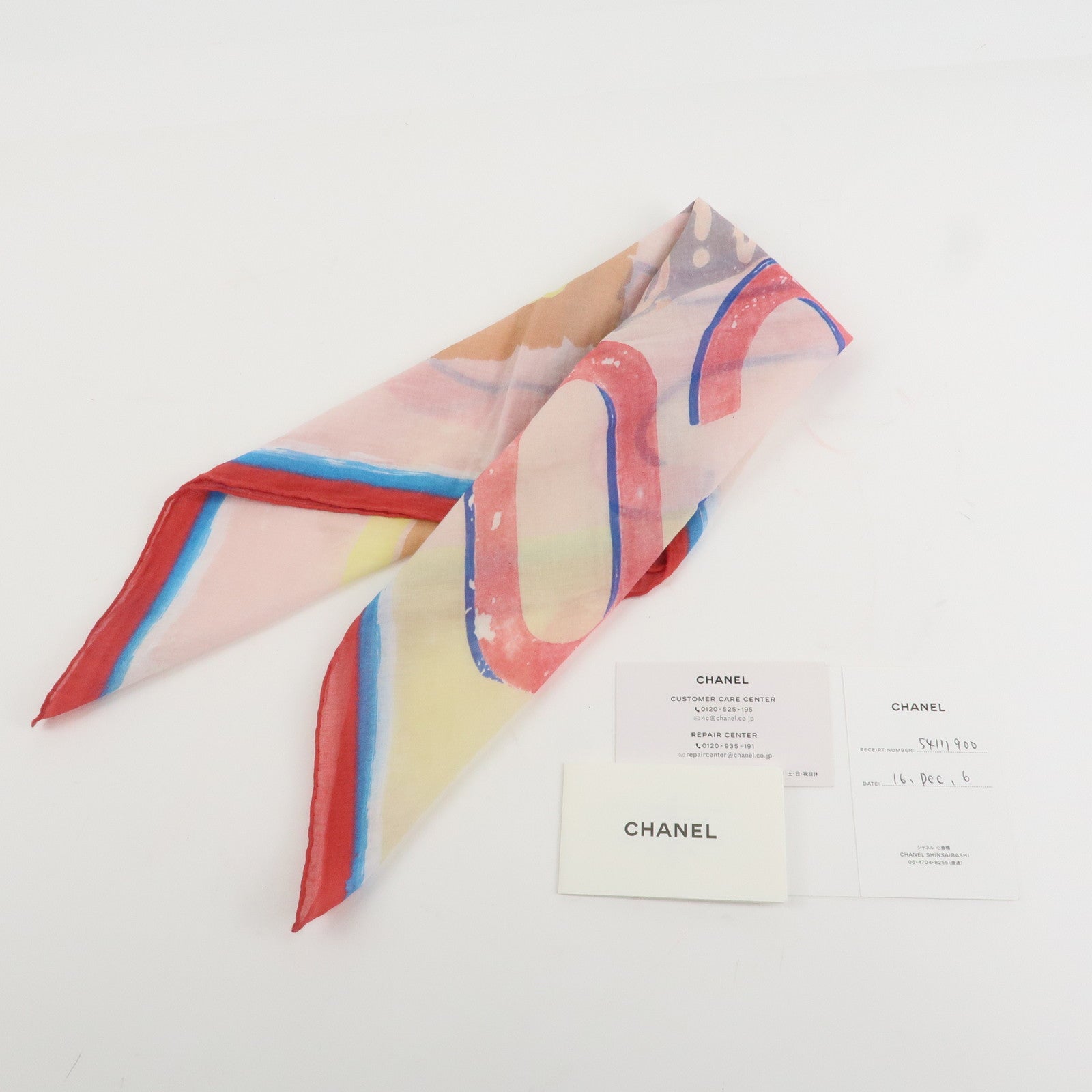 CHANEL Cotton 100％ Scarf Handkerchief Multicolor Pink Used