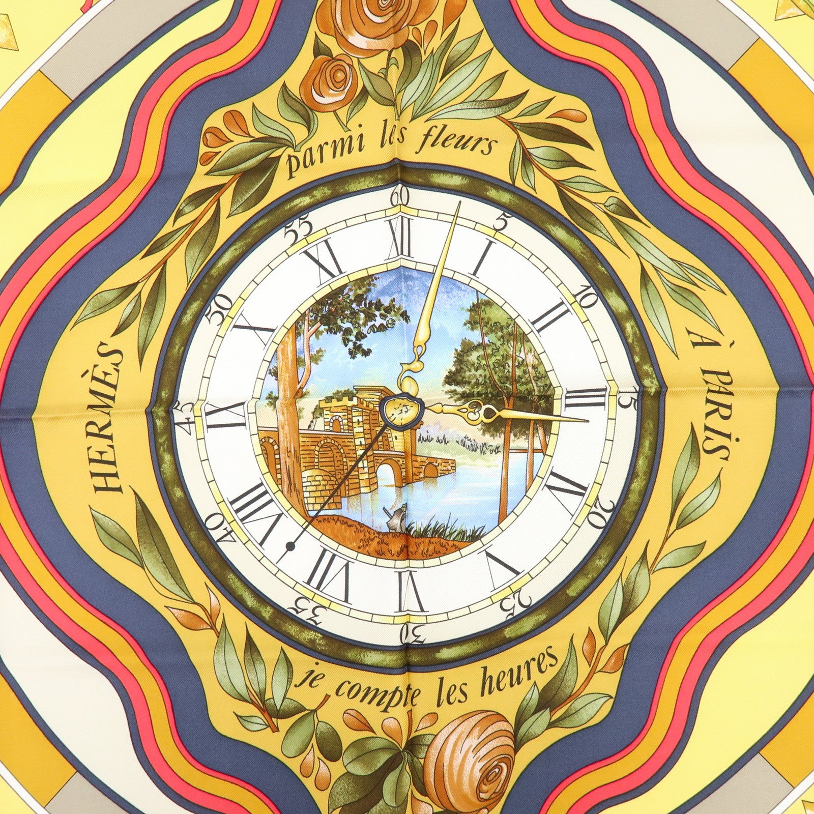 HERMES Carre90 Silk100% Scarf Parmi les fleurs je compte les heures