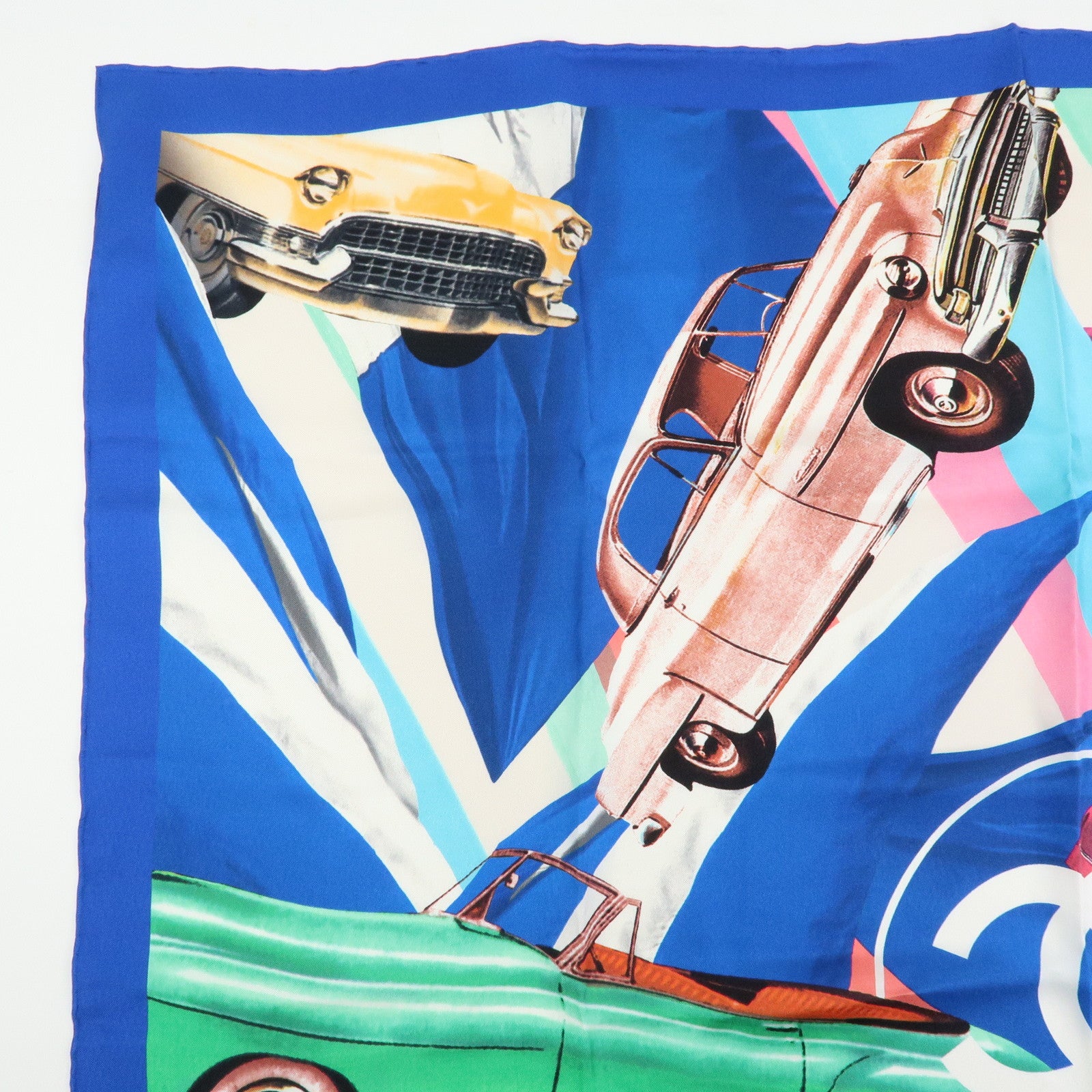 CHANEL Silk 100% Scarf Classic Car Print Blue Pink