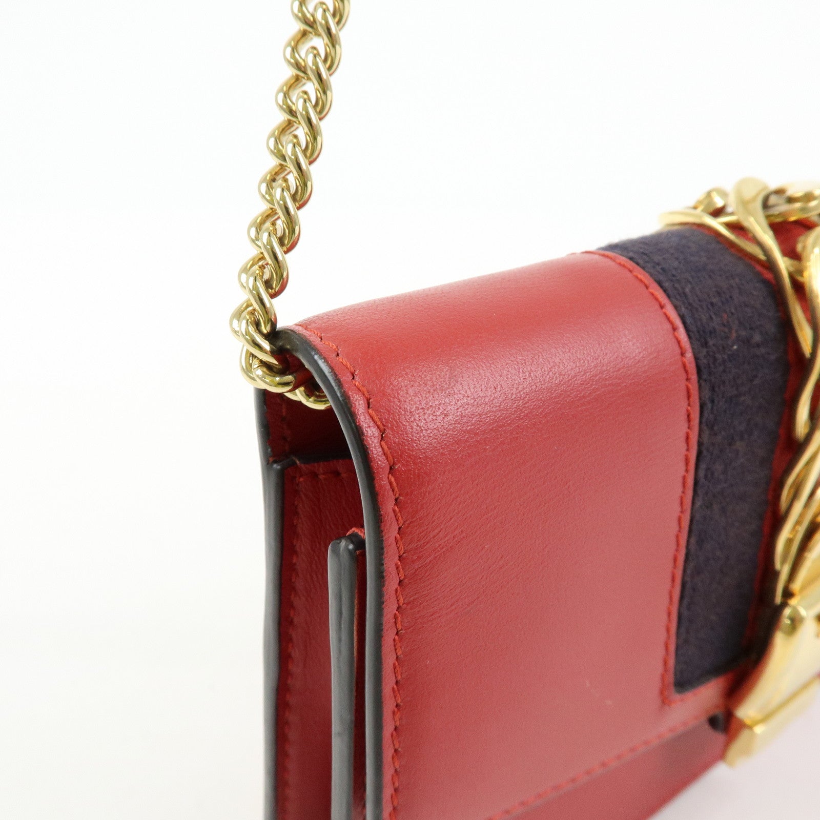 GUCCI Sylvie Sherry Leather Chain Mini Shoulder Bag Red Navy 494646