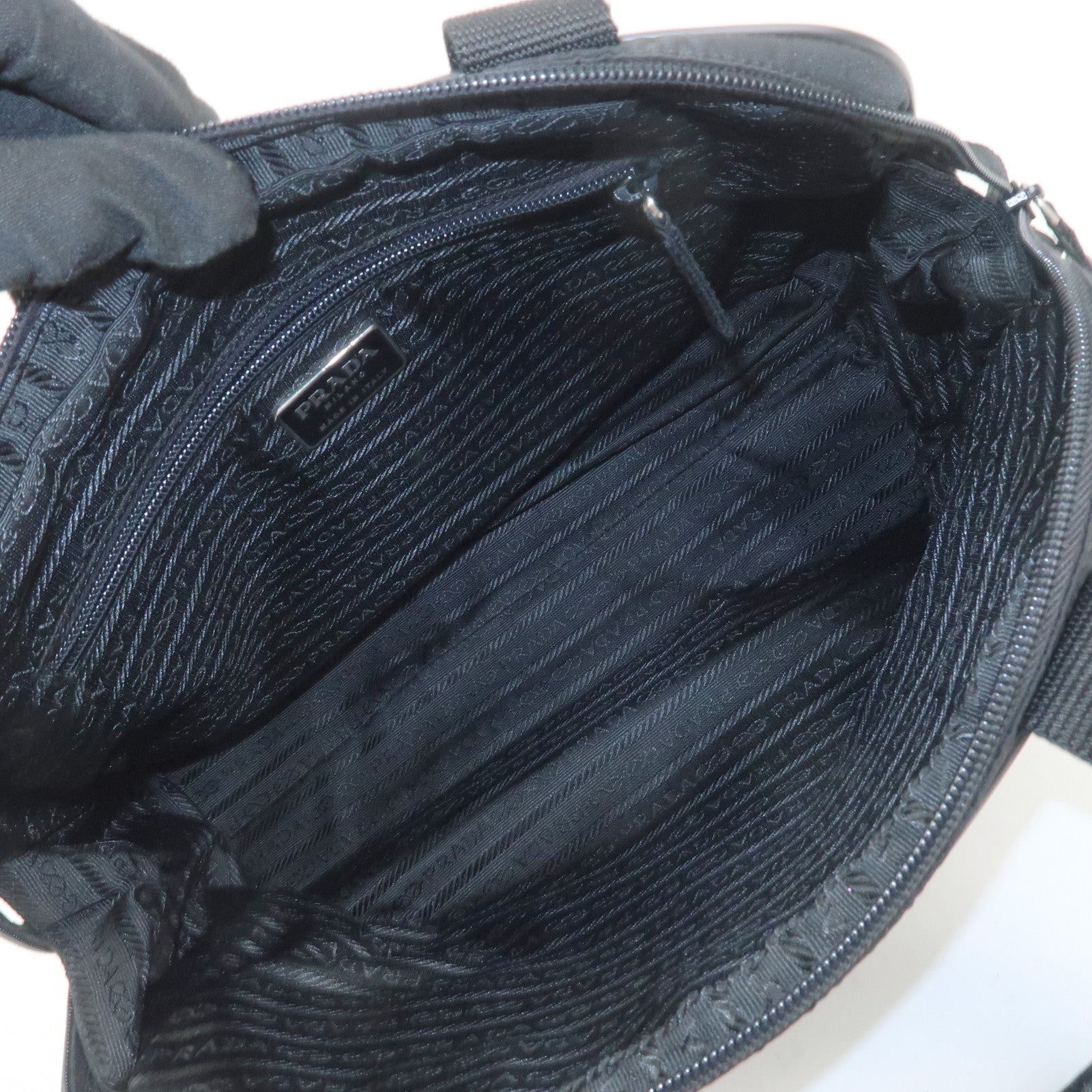 PRADA Triangle Logo Nylon Leather Hand Bag Boston Bag Black