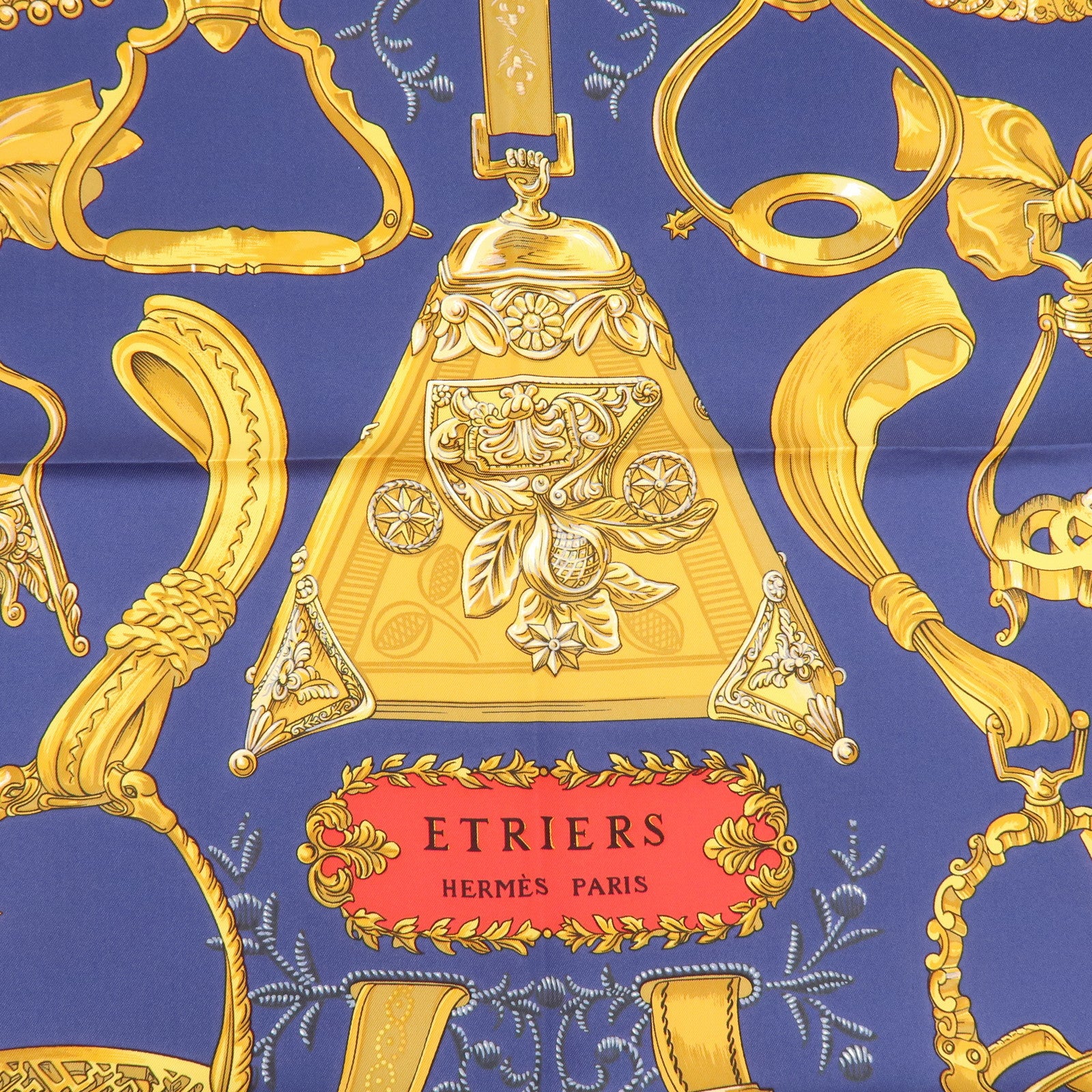 HERMES Carre 90 Silk 100% Scarf ETRIERS Gold Red Navy
