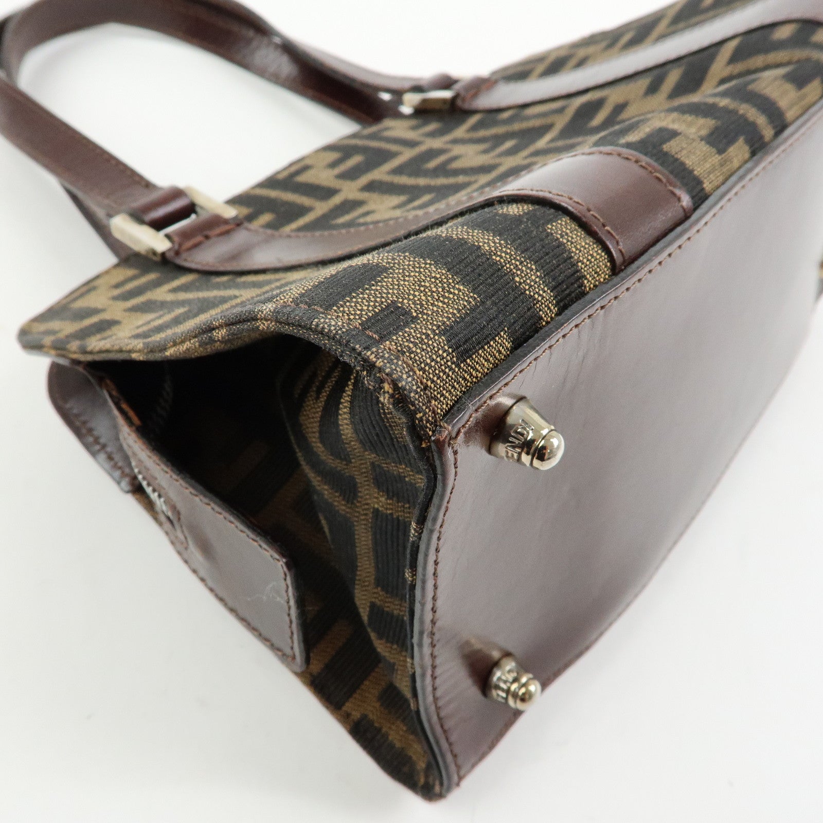 FENDI Zucca Jacquard Canvas Leather Top Handle Hand Bag Brown