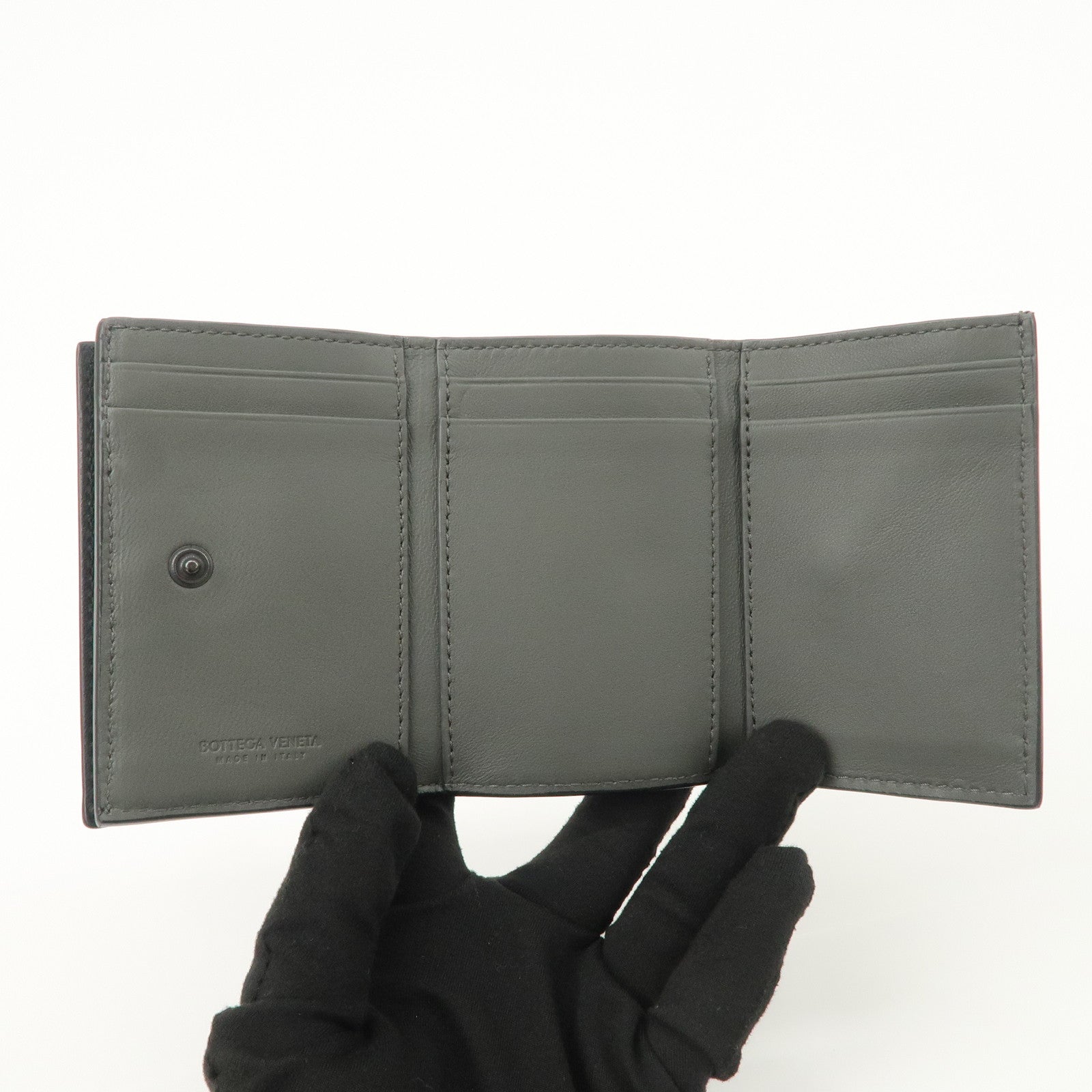 Bottega Veneta  Intrecciato Leather Tri-fold Compact Wallet Black