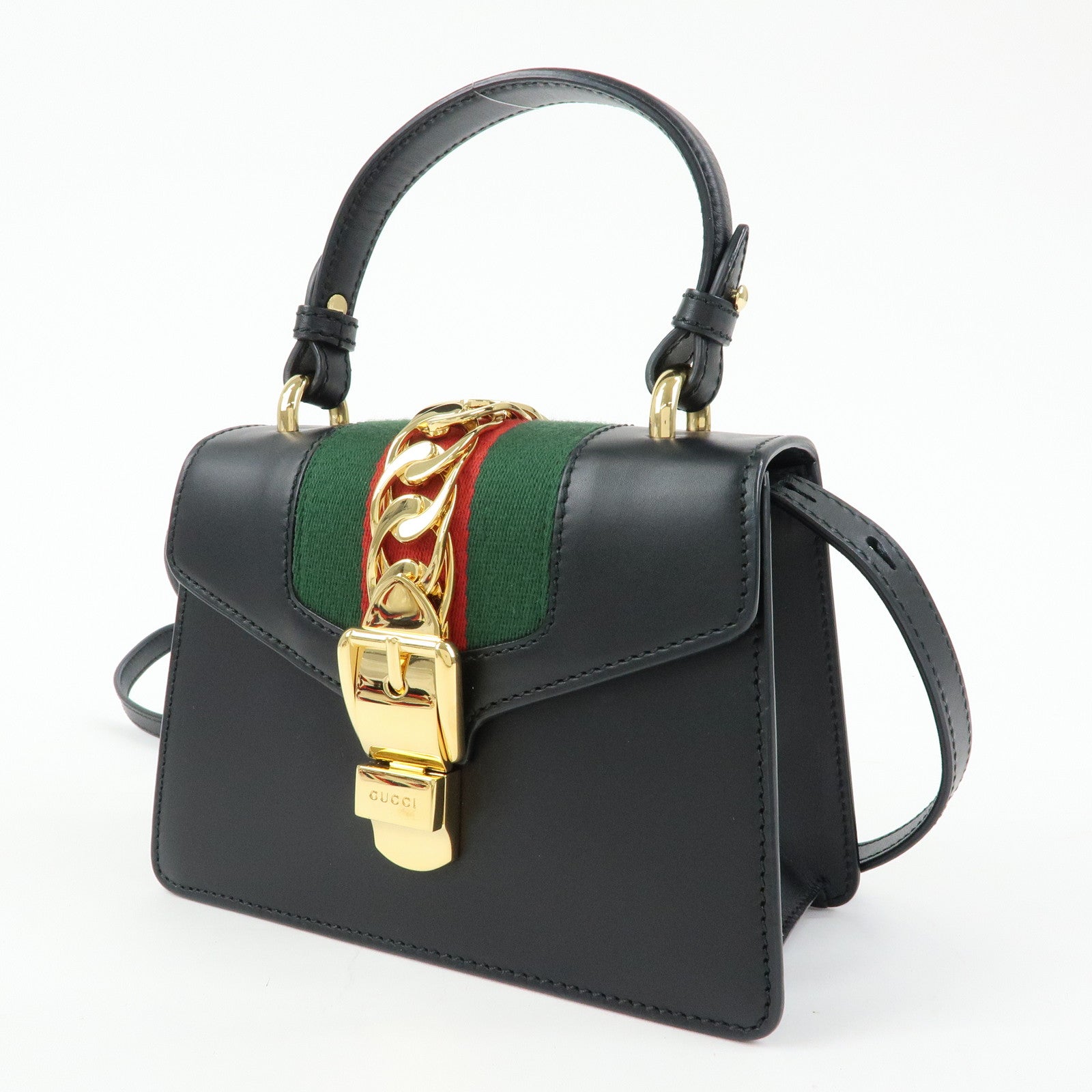 GUCCI Sylvie Sherry Leather 2Way Hand Bag Shoulder Bag Black 470270