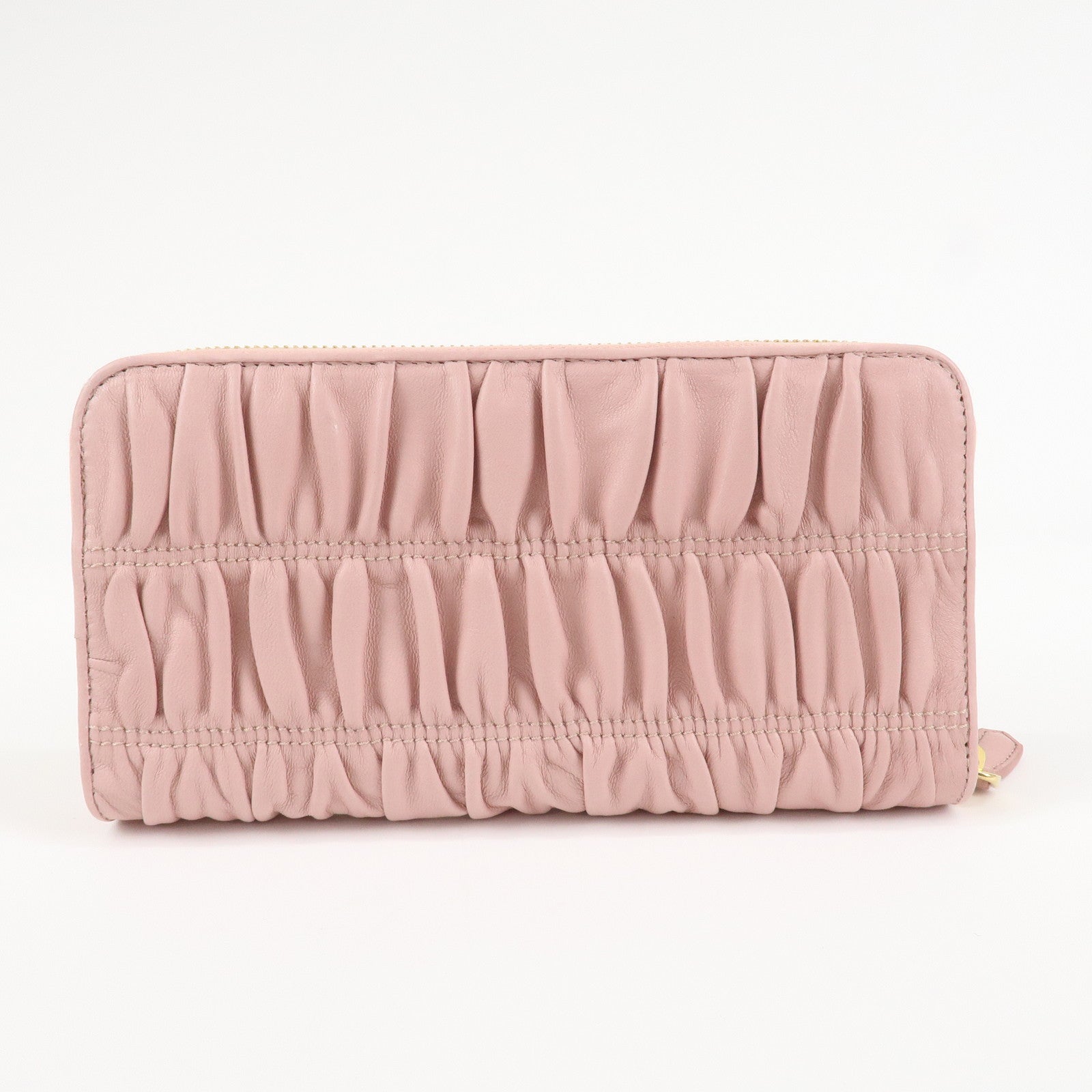 PRADA Leather Gather Round Zippy Wallet Gold Hardware Pink 1M0506 Used