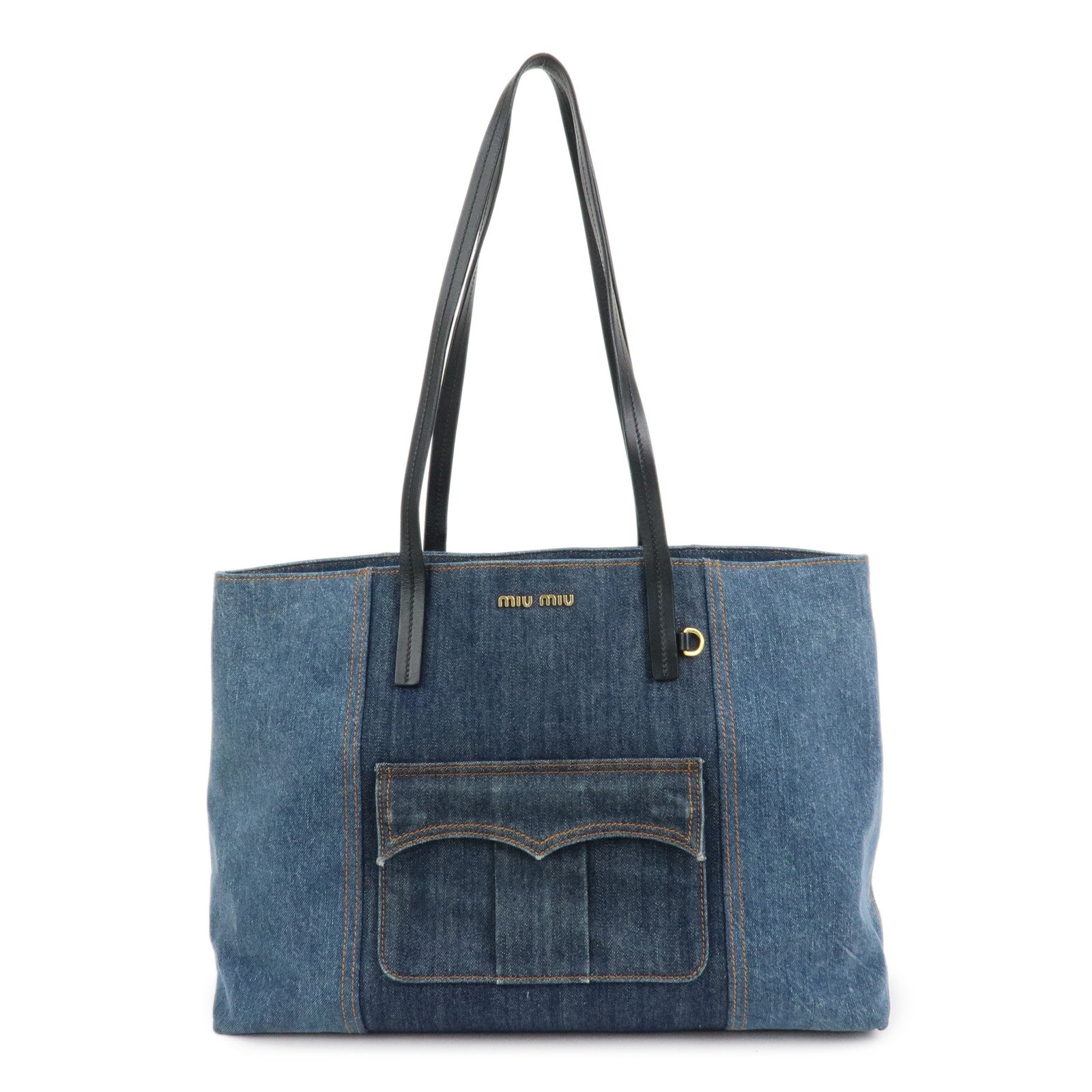 MIU MIU Denim Leather Tote Bag Shoulder Bag Navy 5BG024