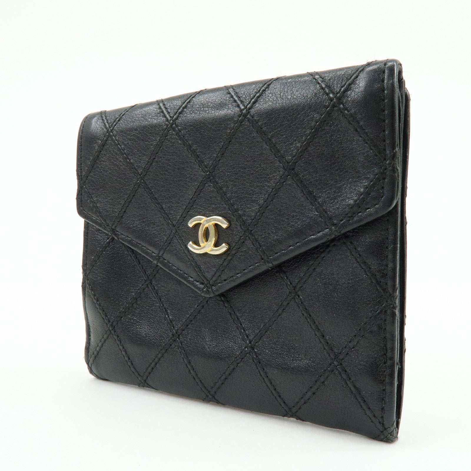CHANEL Bicolore COCO Mark Calf Leather Compact Bi-fold Wallet Black
