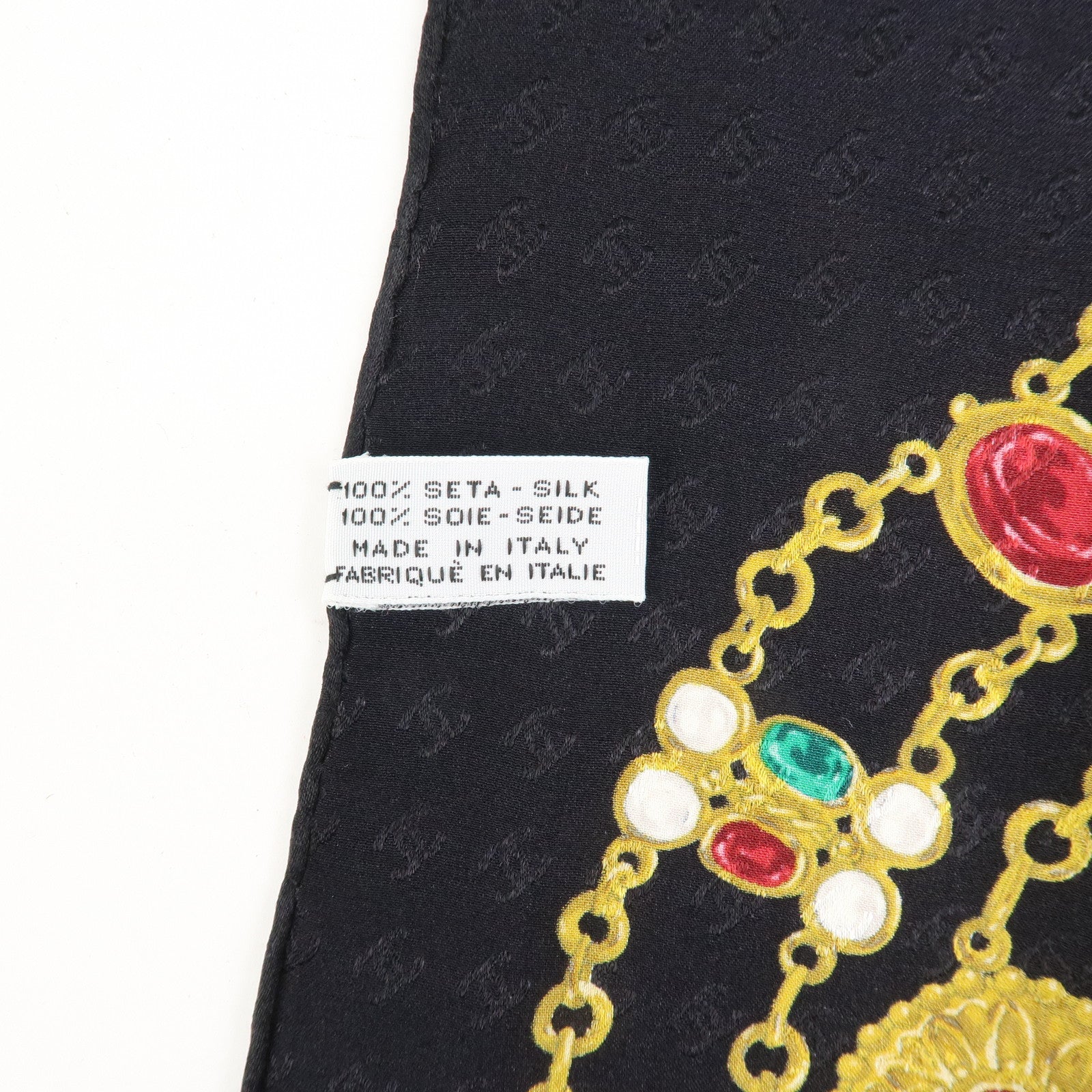 CHANEL COCO Mark Silk 100 % Jewelry Pattern Scarf Black Multi Color Used