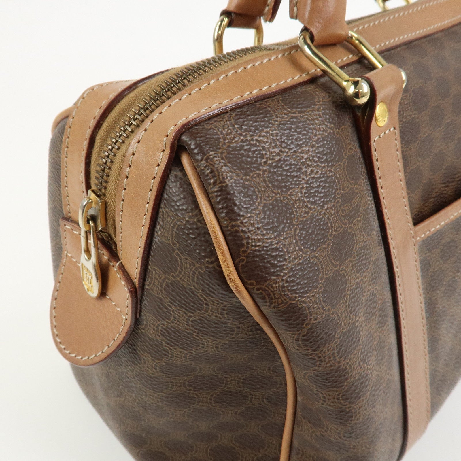 CELINE Macadam Logo PVC Leather Boston Bag Hand Bag Brown