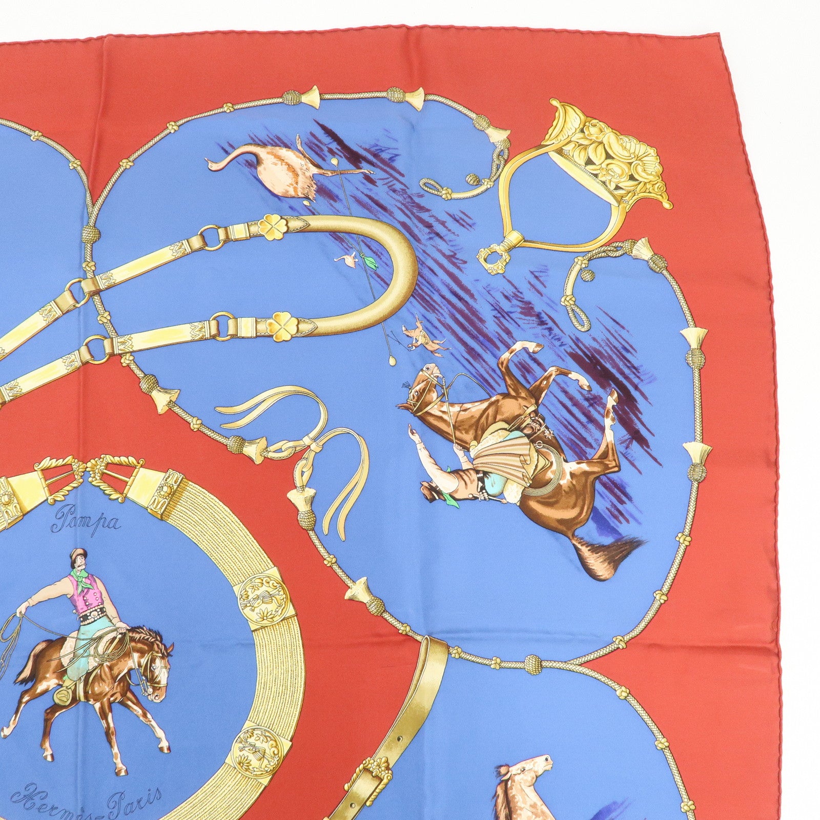 HERMES Carre 90 Silk 100% Scarf Pampa Blue Red