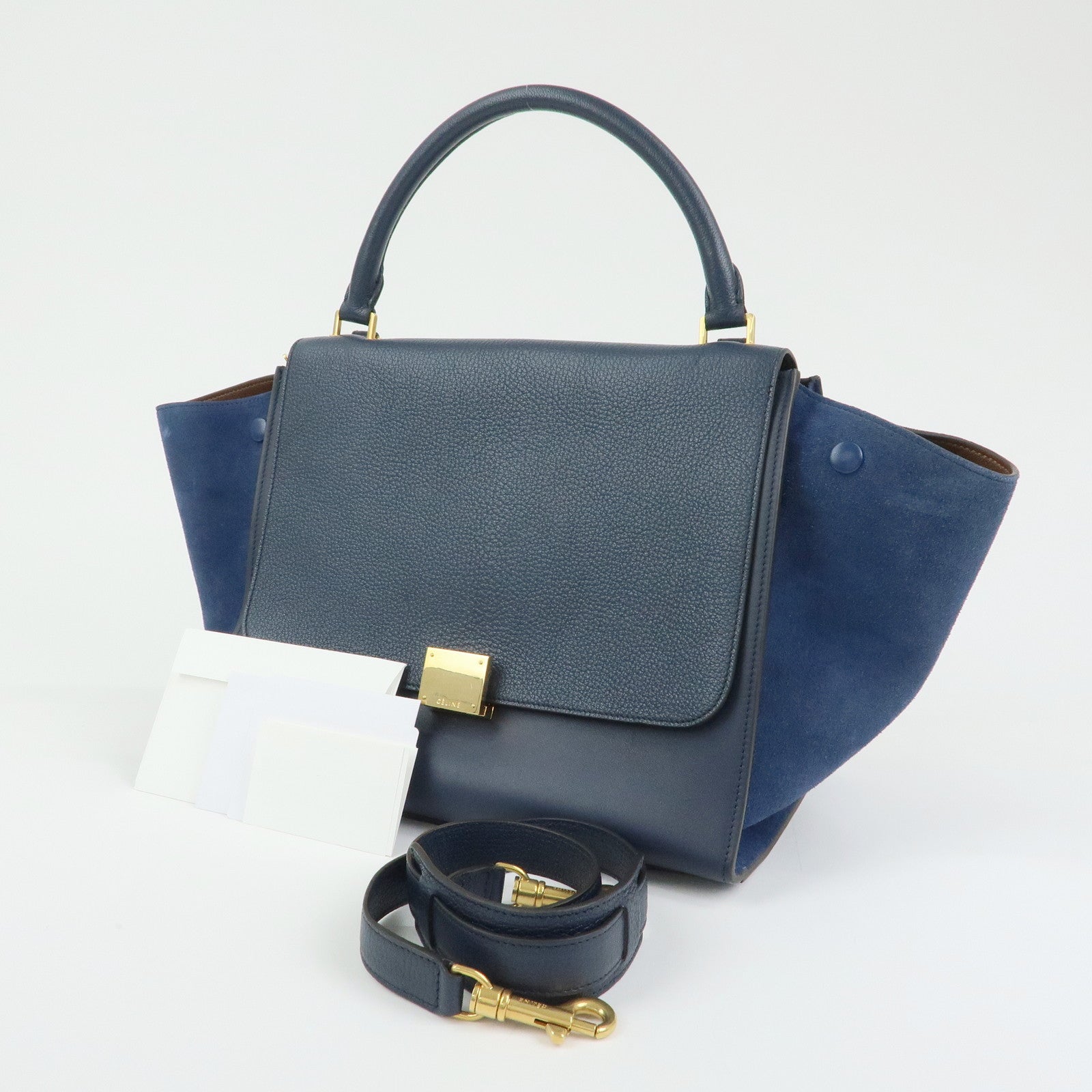 CELINE Leather Suede 2Way Bag Hand Bag Shoulder Bag Navy