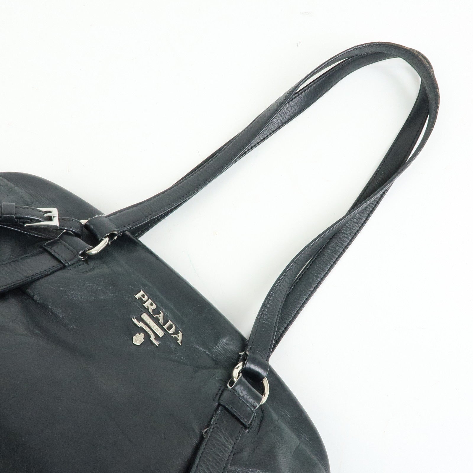PRADA Logo Leather Shoulder Bag Tote Bag Black Silver