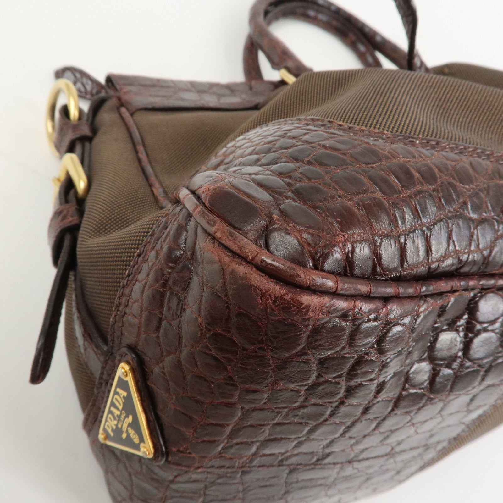 PRADA Logo Canvas Embossed Leather 2Way Shoulder Bag Hand Bag Brown