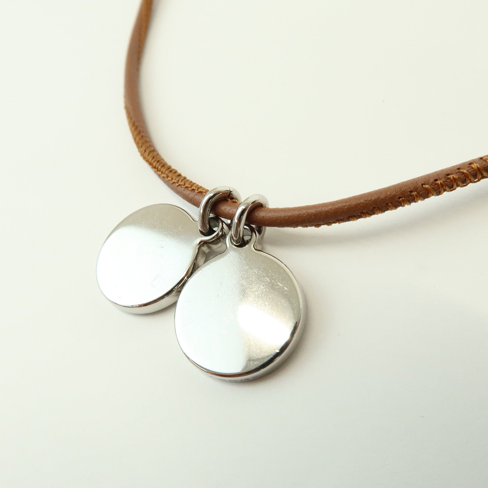 HERMES Logo Leather Metal Necklace Brown Pink Light Blue