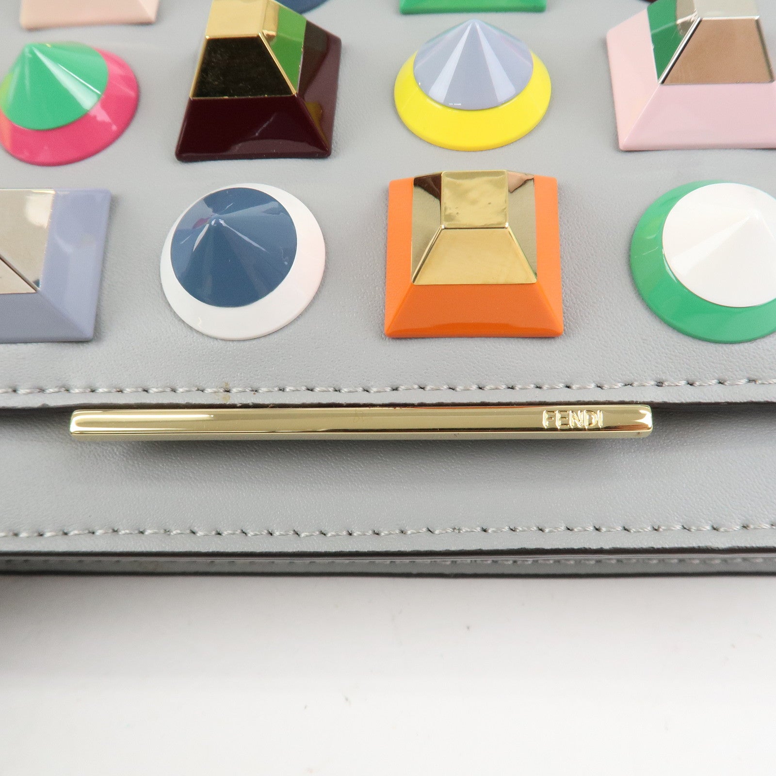 FENDI Leather Studs Shoulder Bag Hand Bag Grey 8M0346